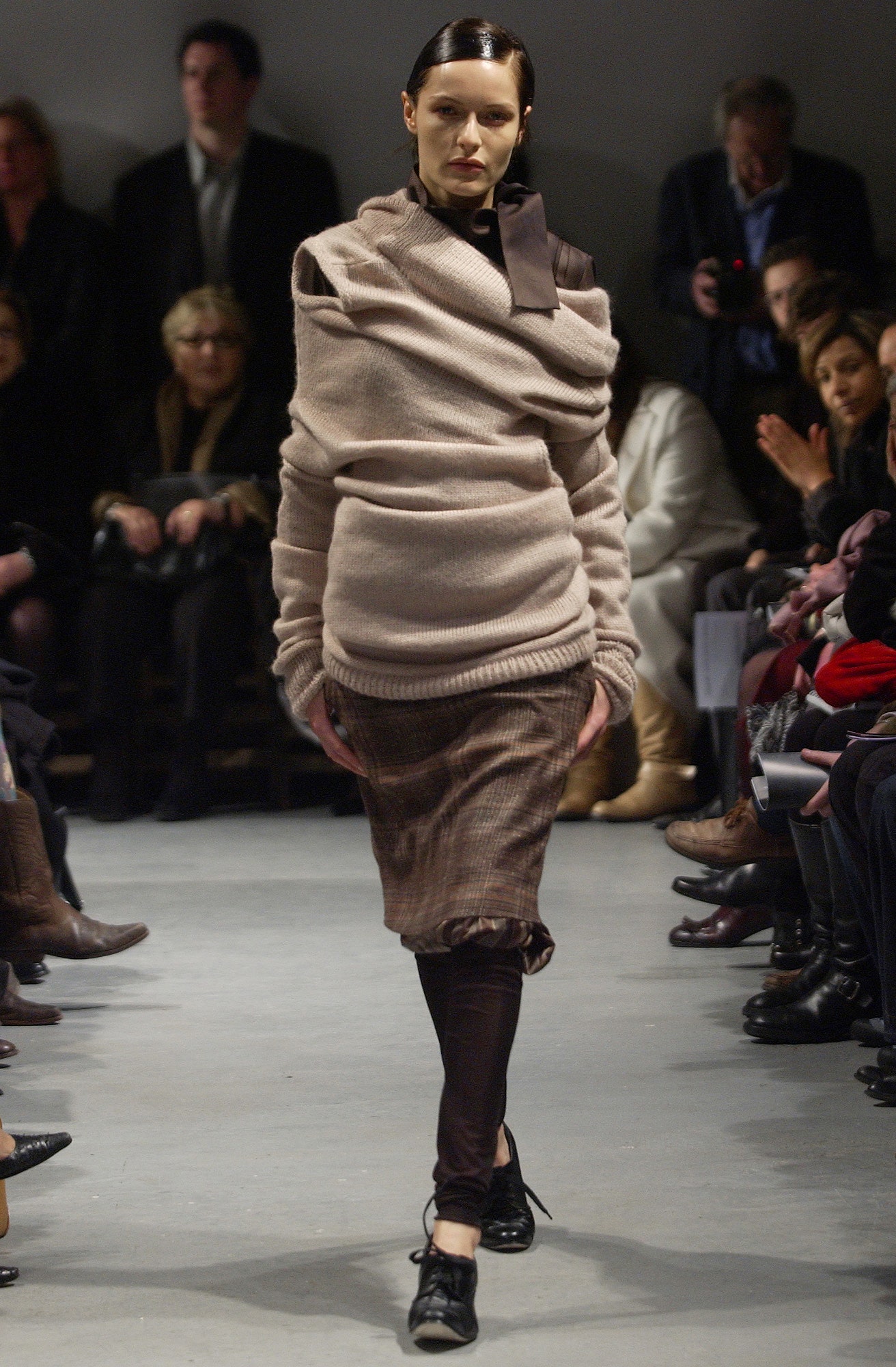 beige wool long-sleeve high-neck relaxed draped sweater