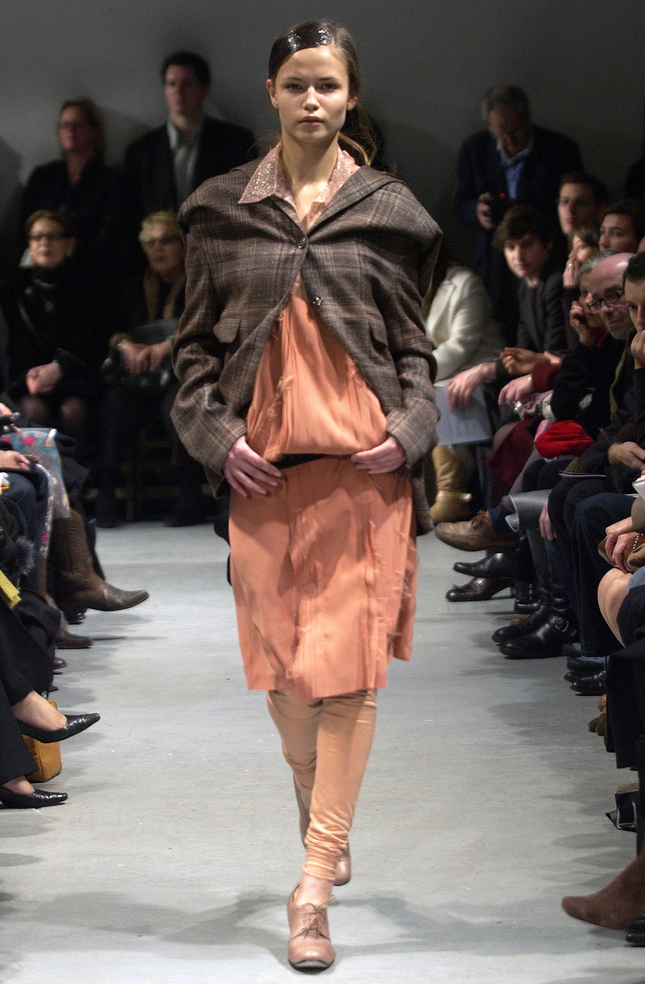 peach midi dress with brown jacket