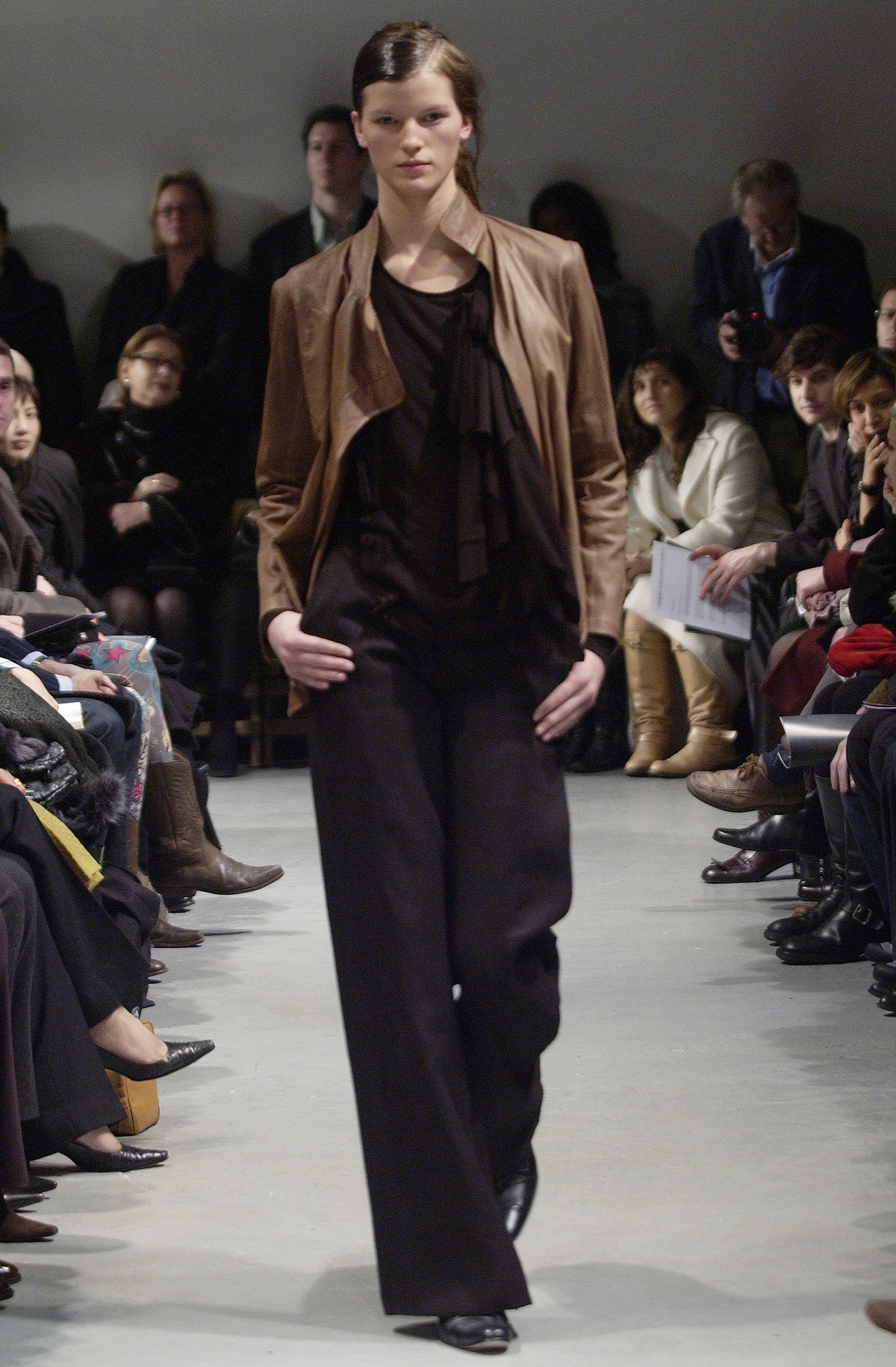 brown leather long-sleeve collared fitted ruffled jacket