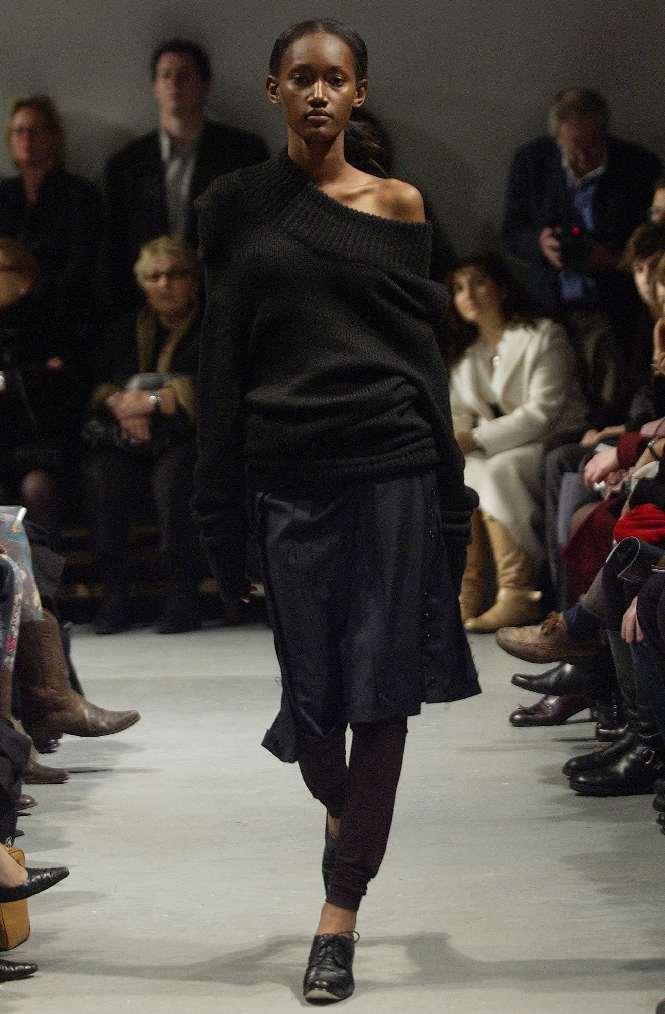 black wool long-sleeve off-shoulder oversized draped sweater