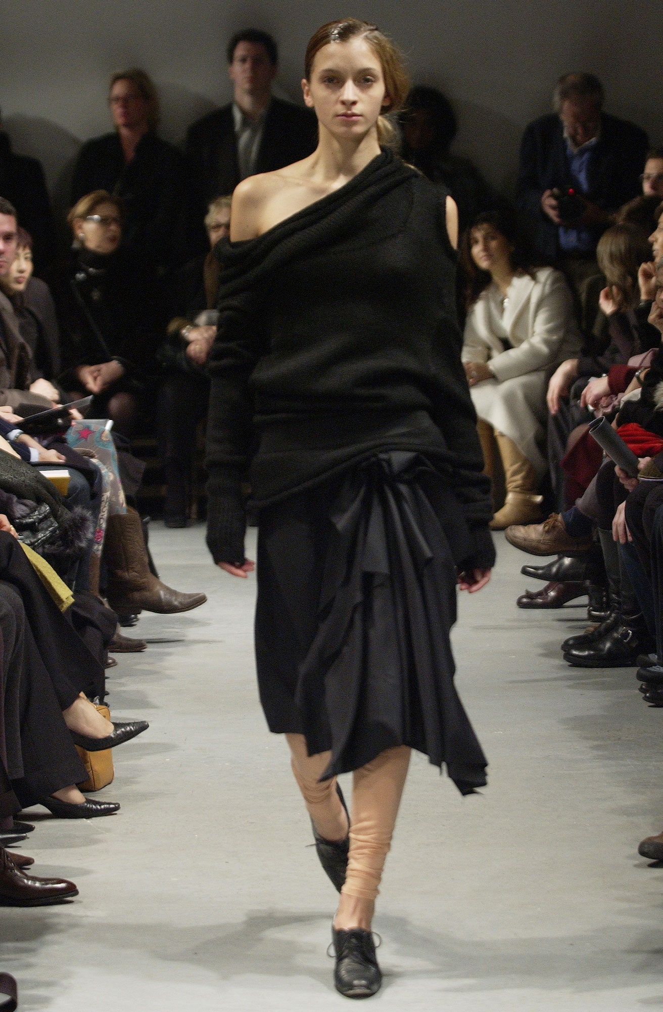 black wool long-sleeve off-shoulder oversized draped sweater