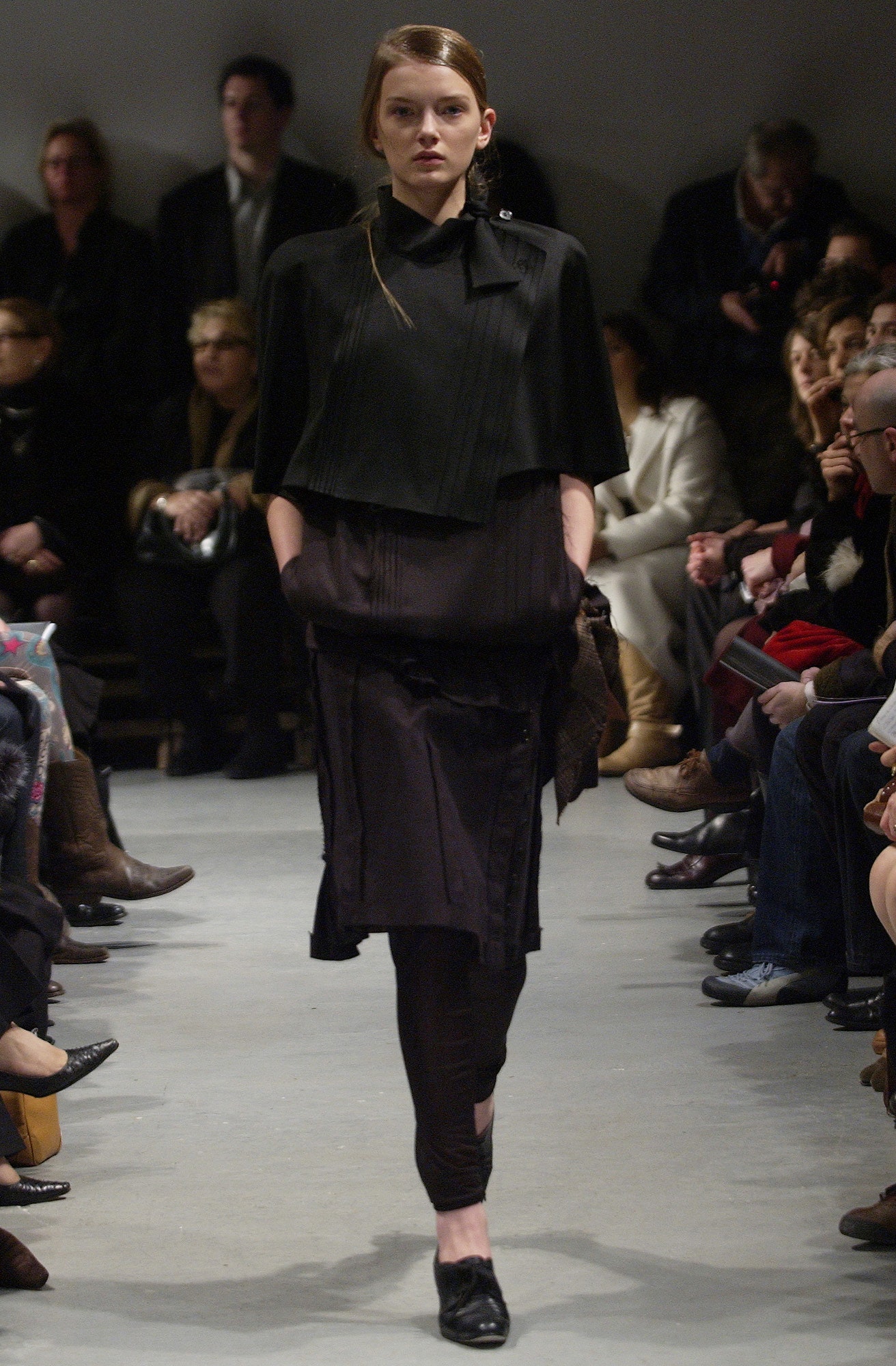 black silk long-sleeve collared structured pleated coat