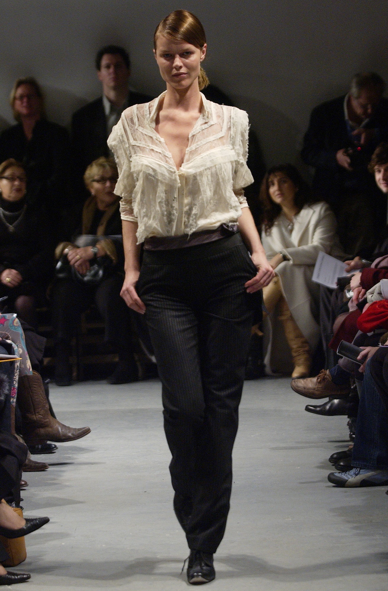 white silk long-sleeve v-neck fitted ruffled blouse