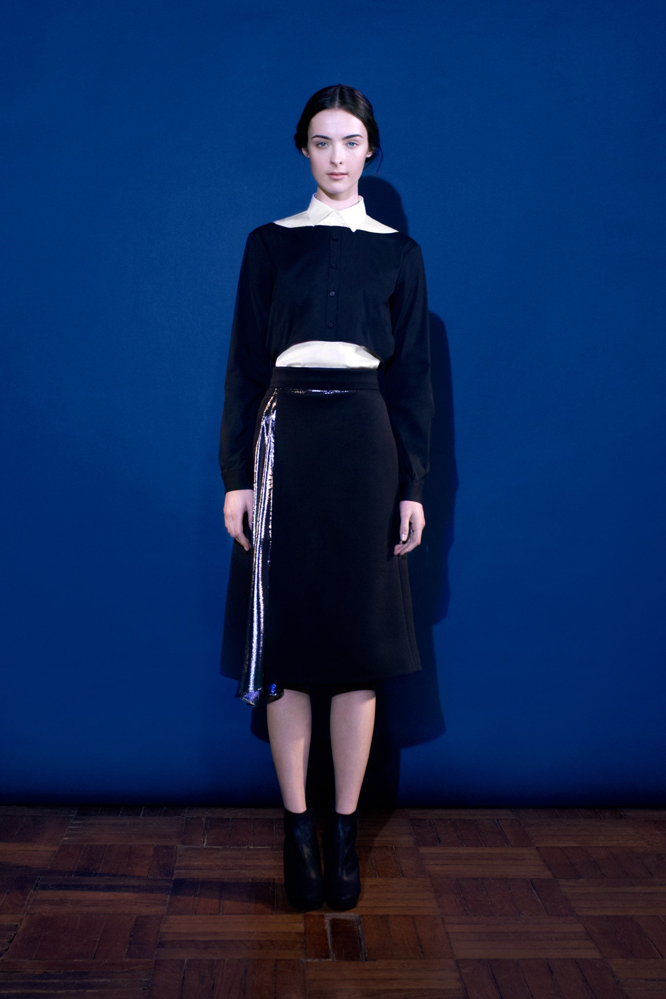 black and white fitted shirt with midi skirt