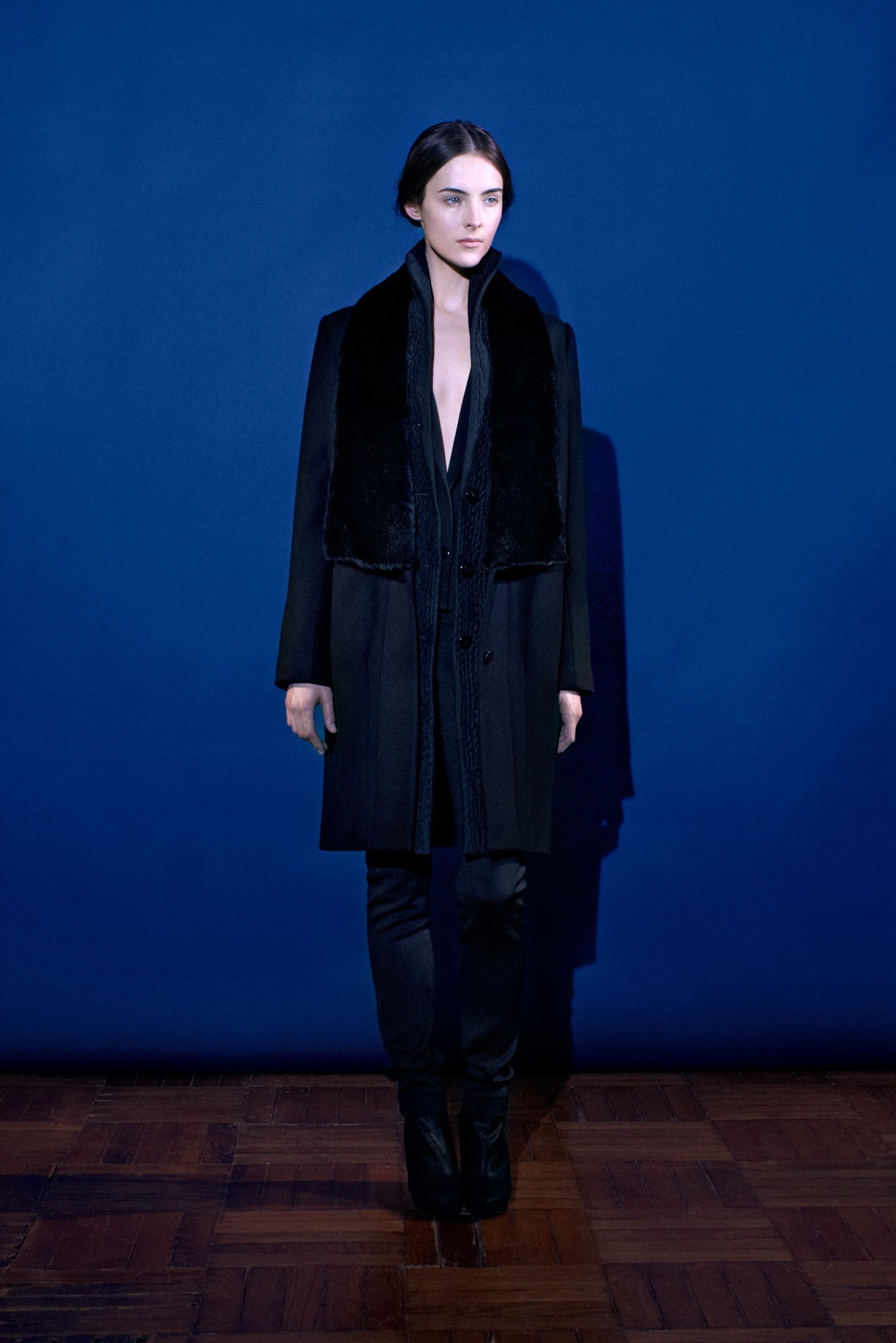 black wool long-sleeve v-neck fitted buttoned coat