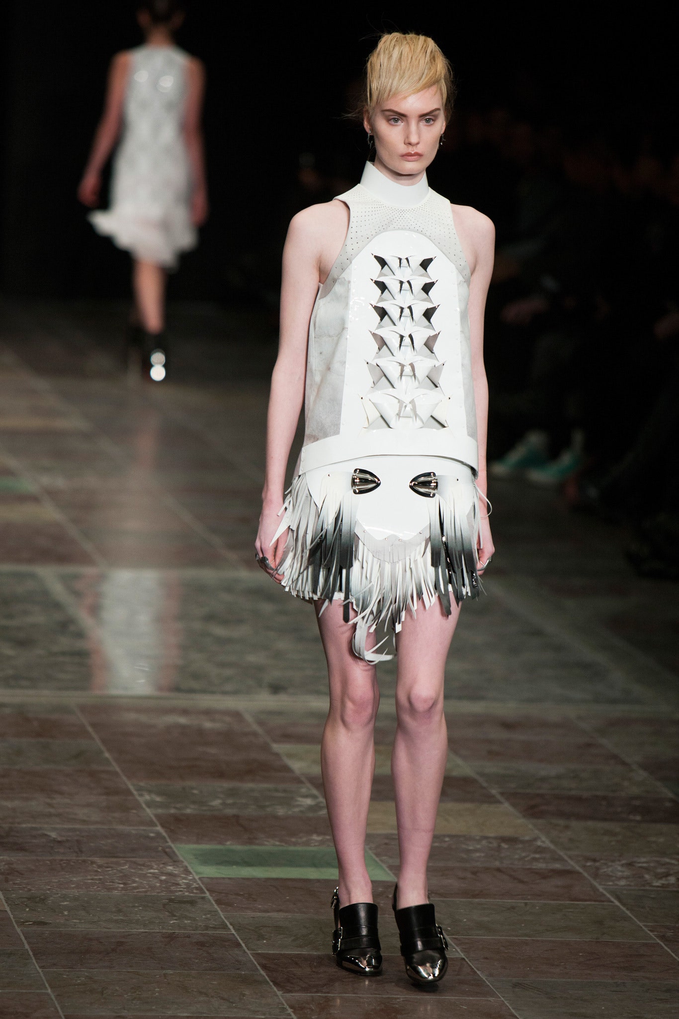 fitted white vinyl asymmetric dress