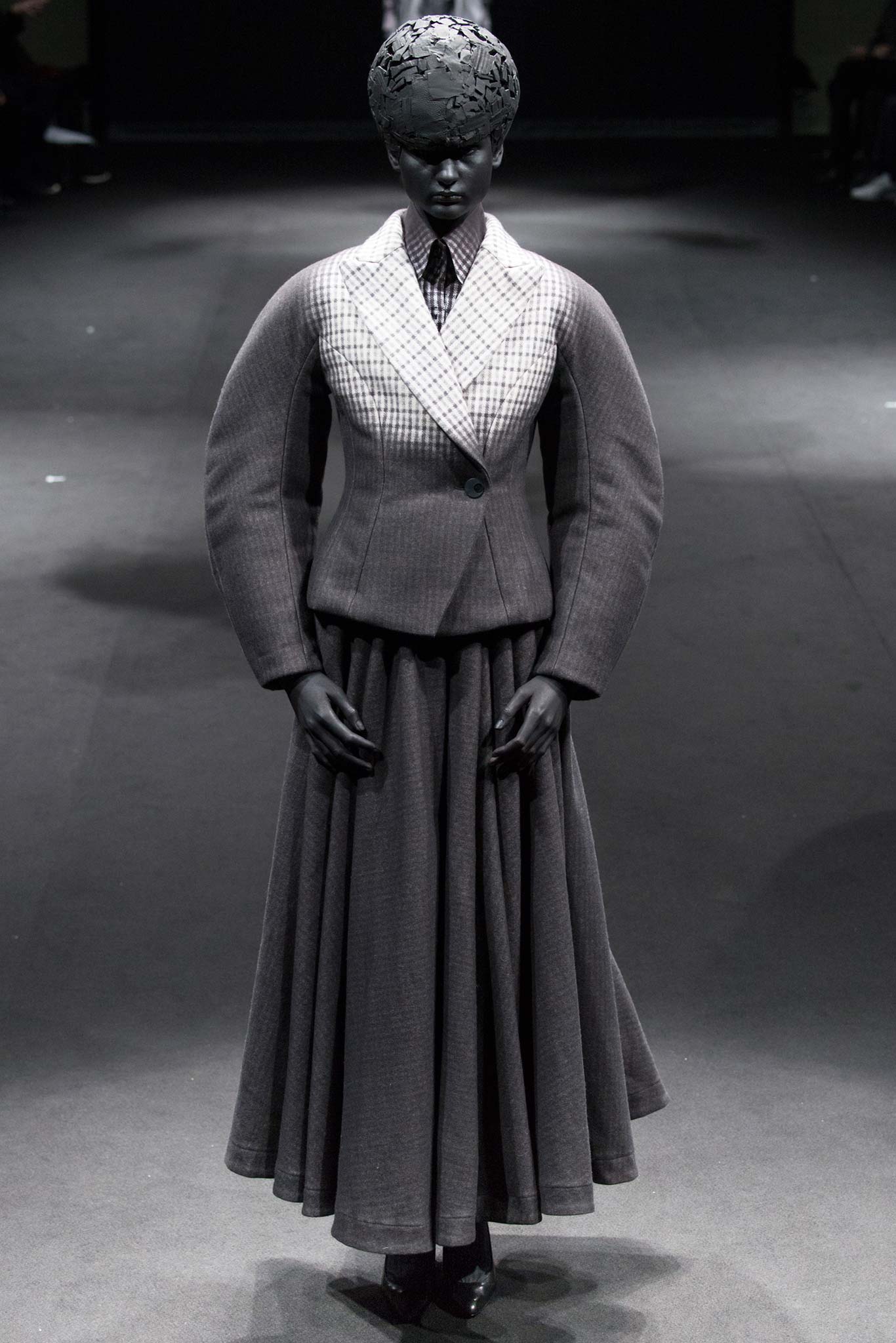 gray wool fitted flared midi skirt
