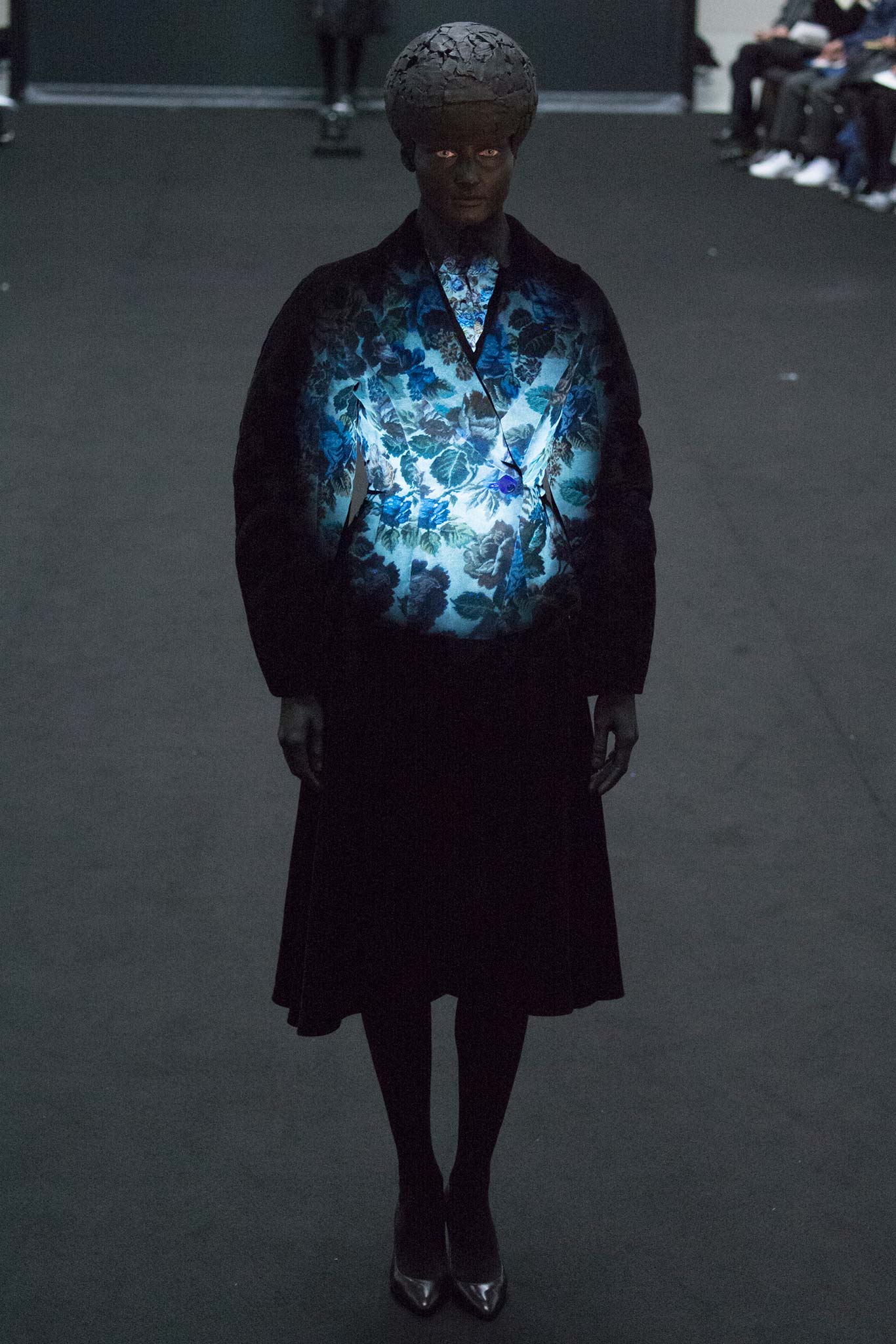 blue silk long-sleeve collared structured embroidered flowing coat