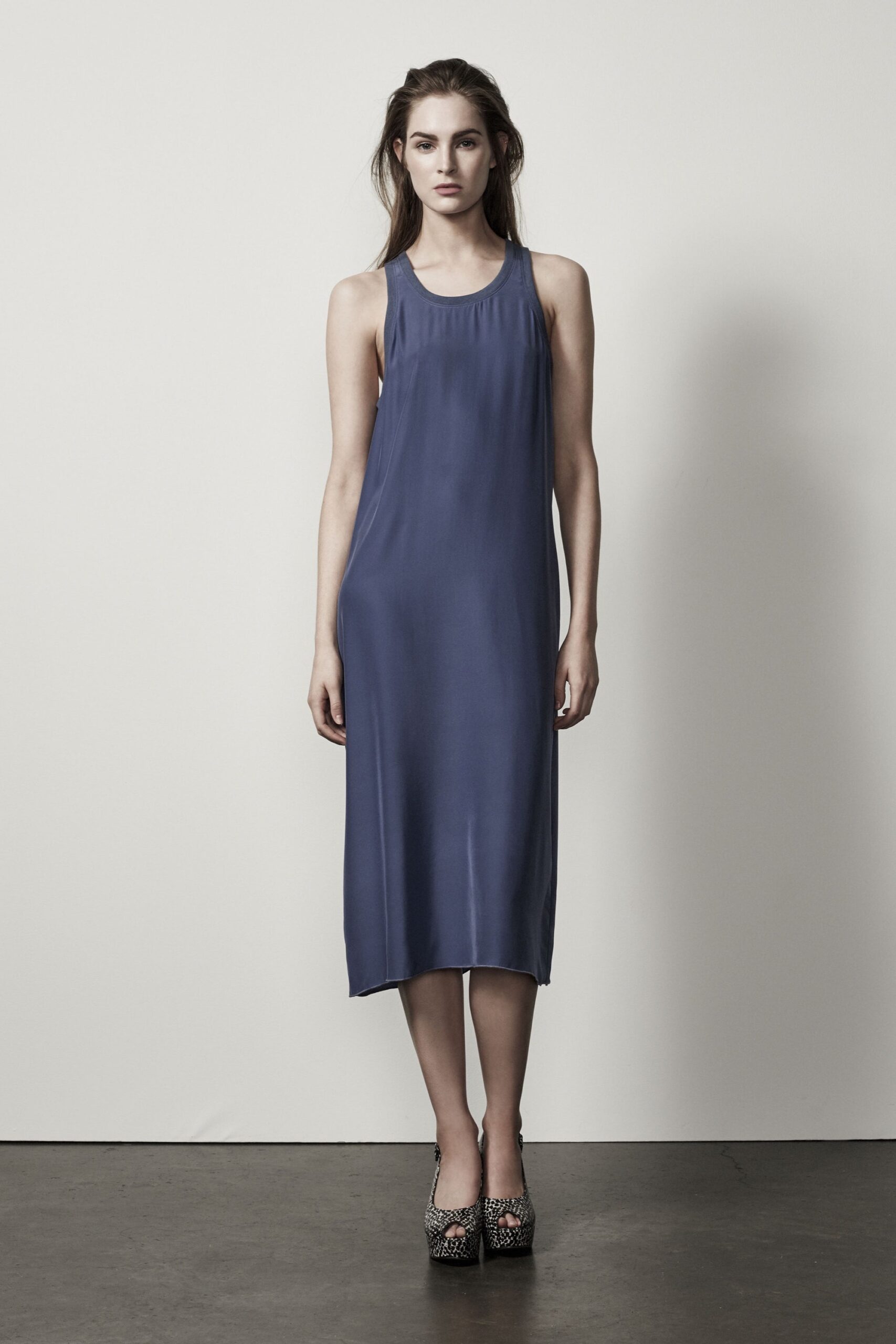 blue silk sleeveless high-neck relaxed straight-leg flowing dress