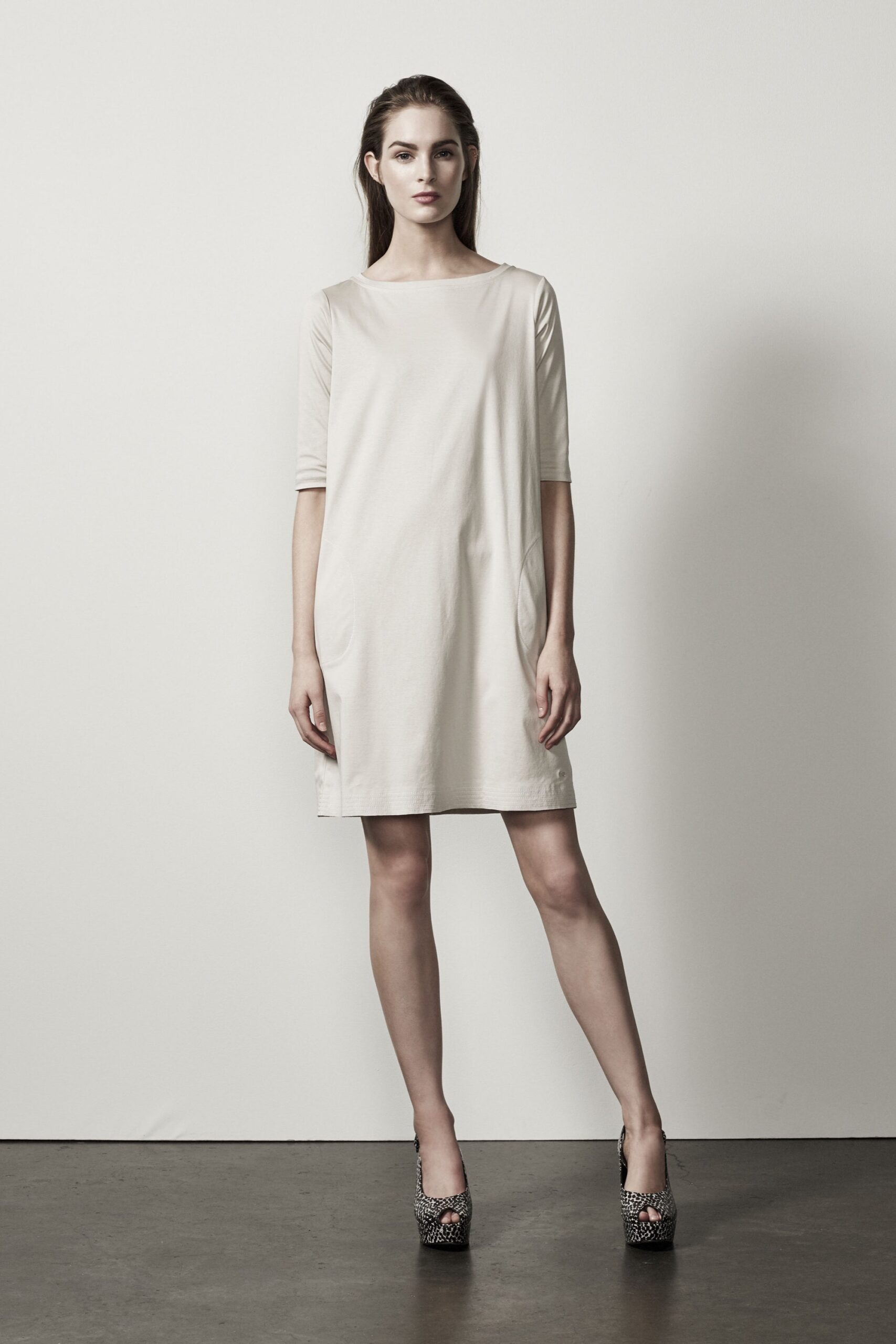 beige cotton short-sleeve scoop-neck relaxed pockets straight-leg dress