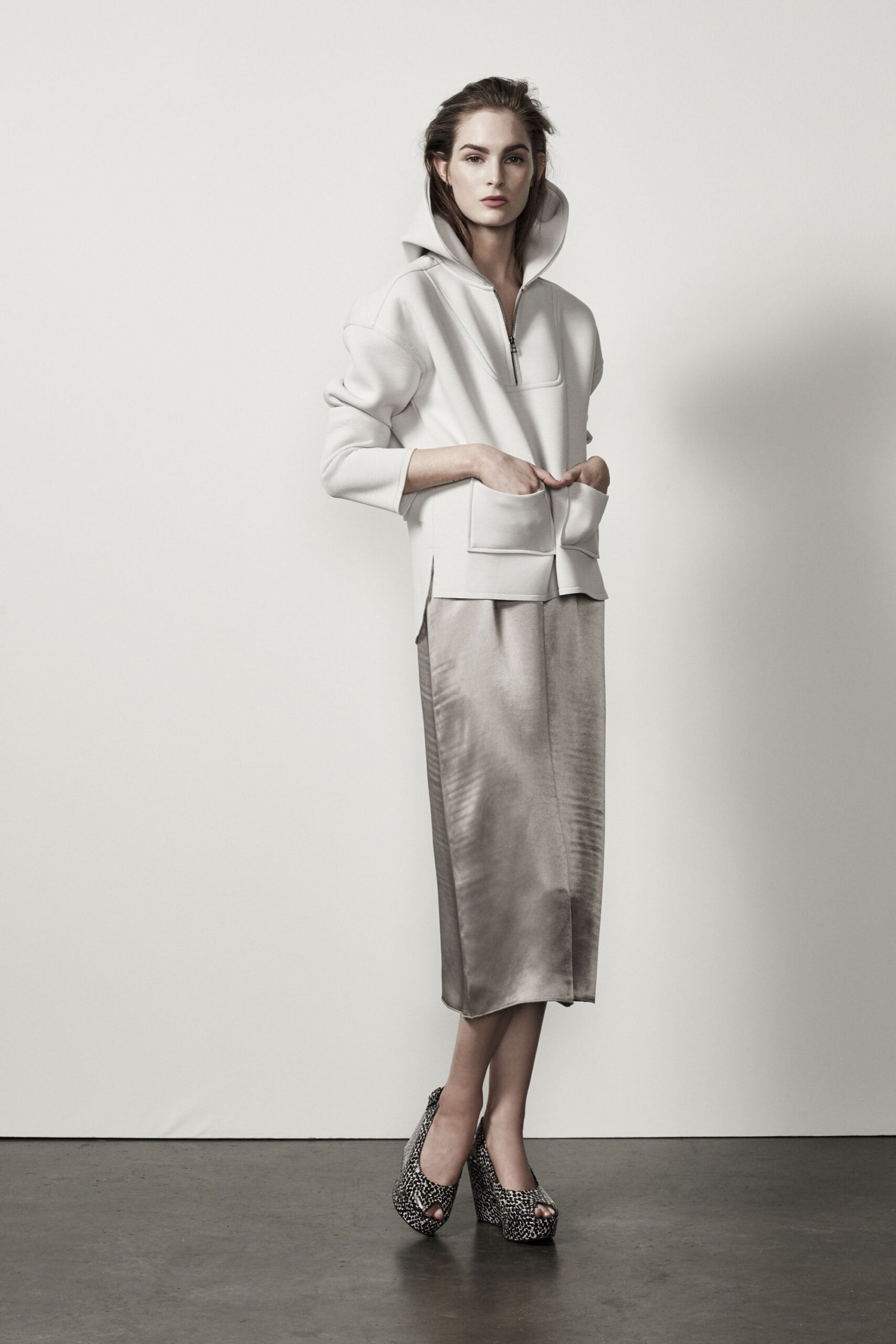 white relaxed top gray midi skirt