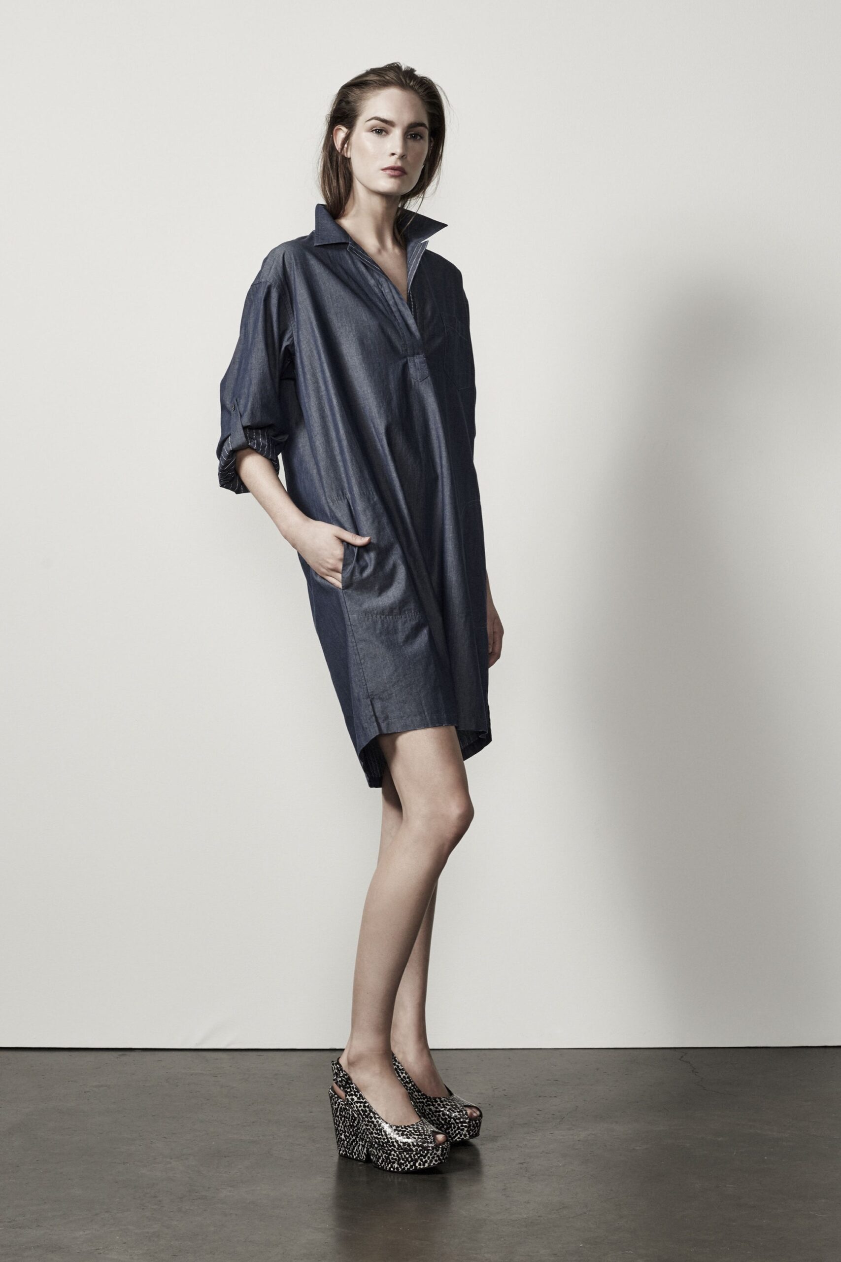 blue denim shirt-dress with heels