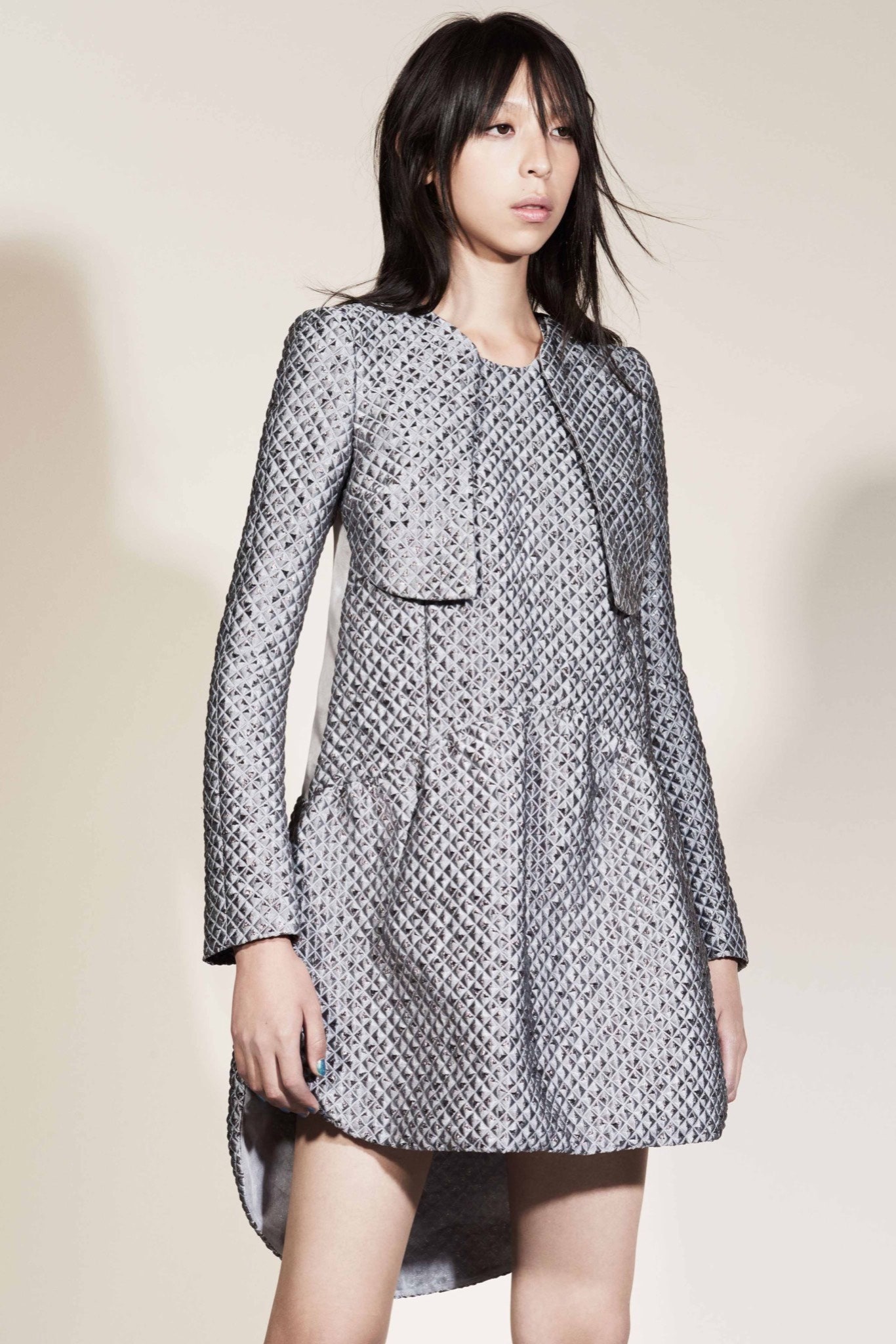 gray silk long-sleeve dress