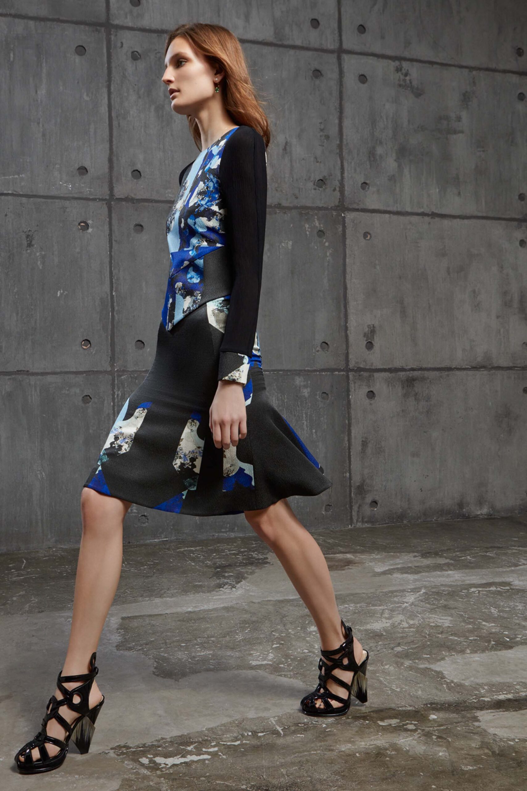 fitted black and blue midi dress