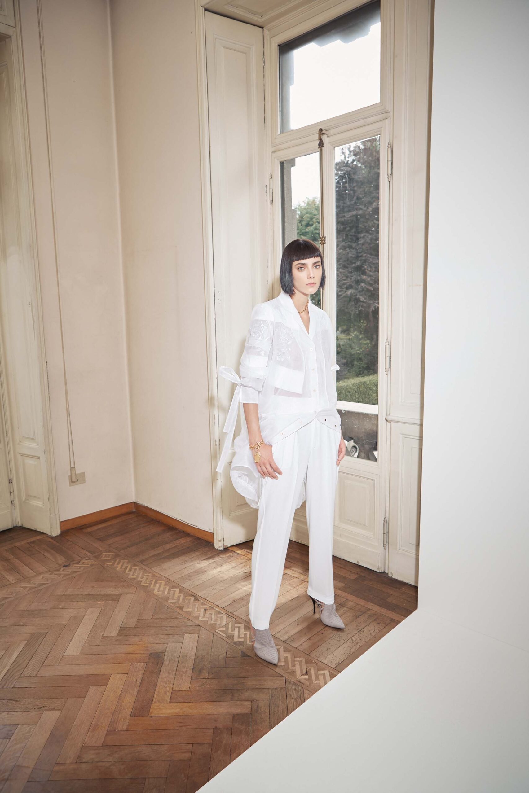 white cotton long-sleeve collared relaxed layered blouse