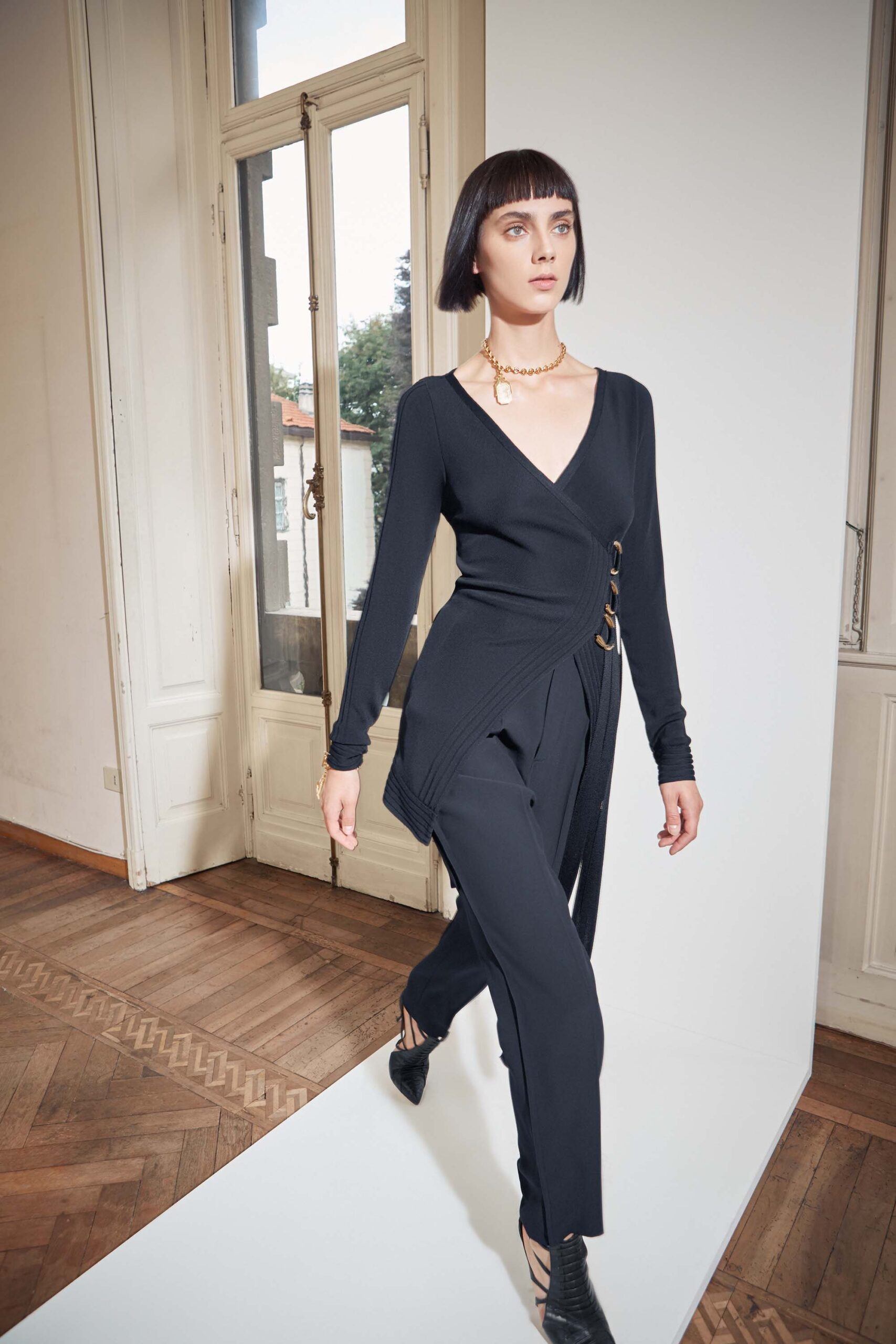 black fitted top and pants