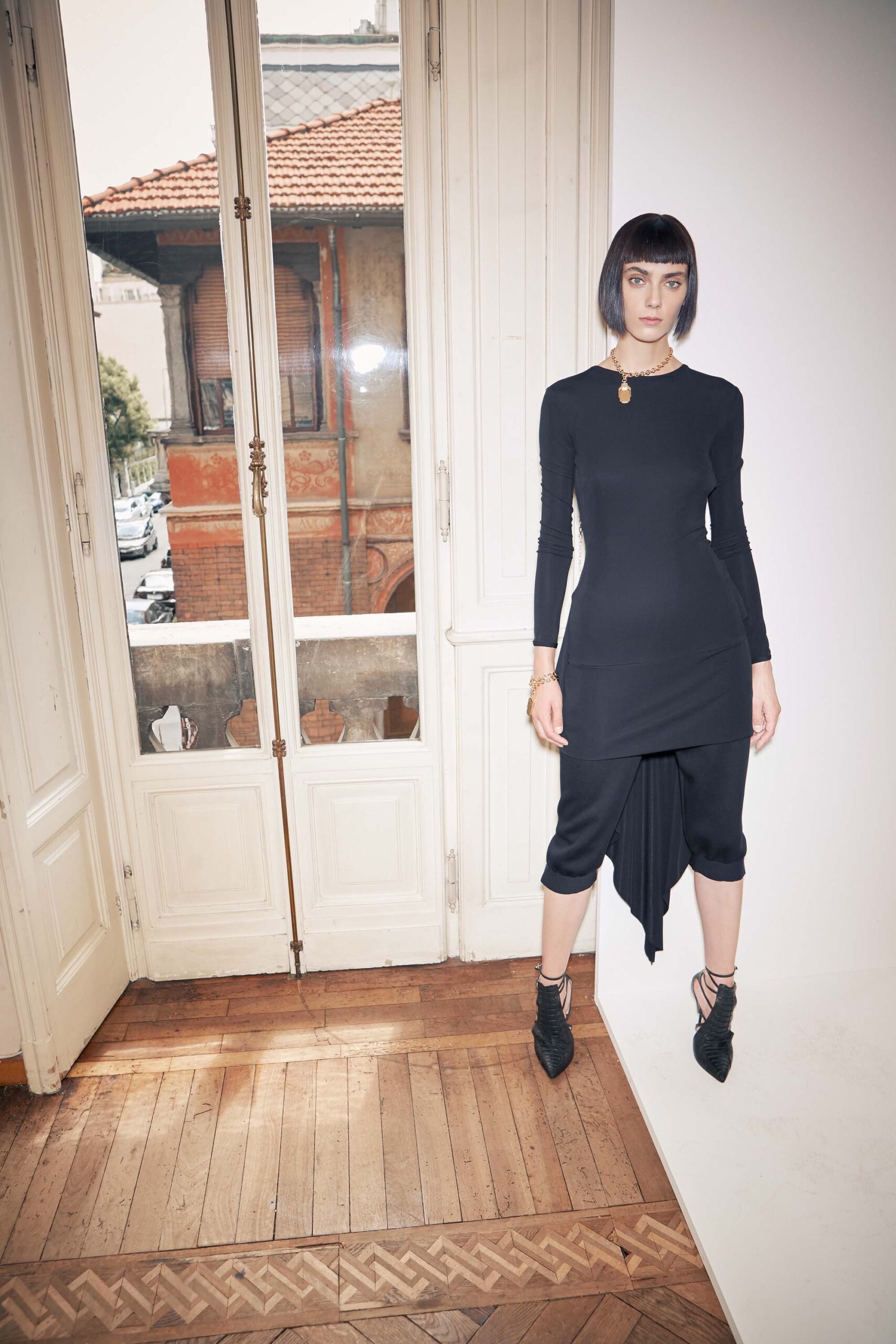 fitted black midi dress