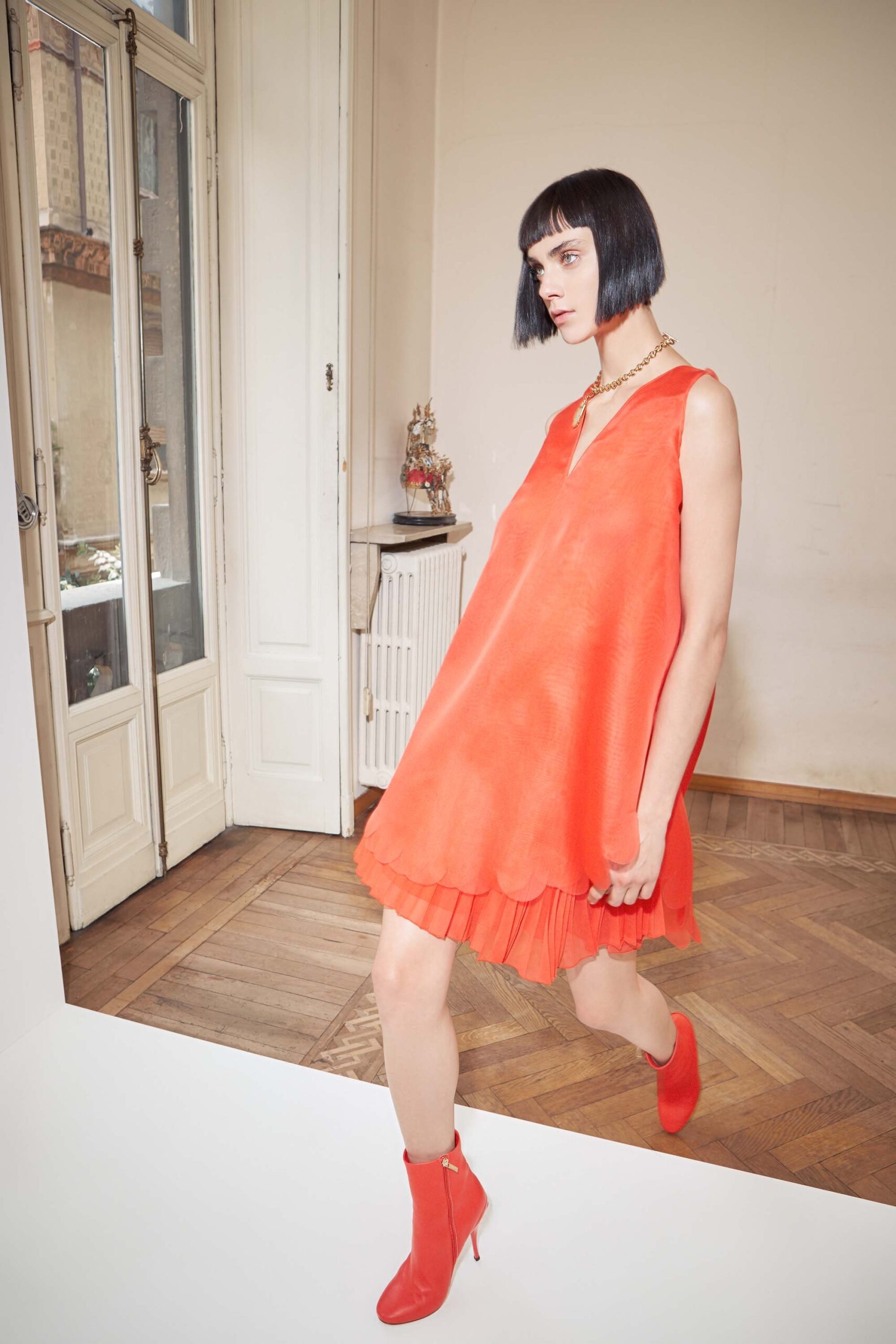 orange silk sleeveless v-neck relaxed tiered flowing dress