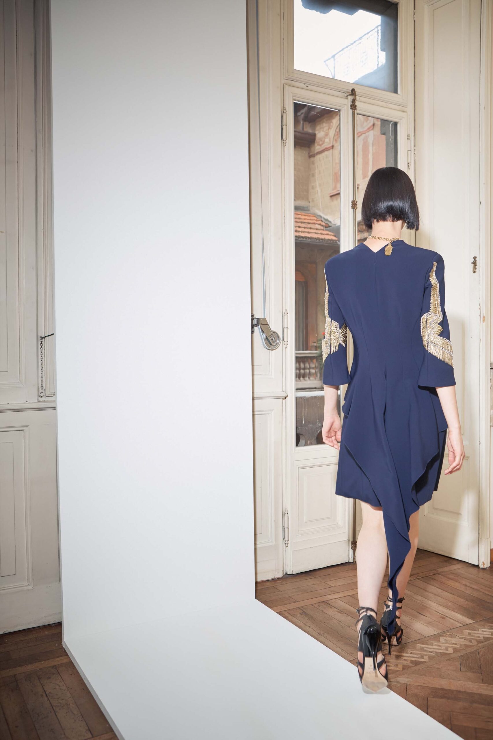 blue silk fitted dress