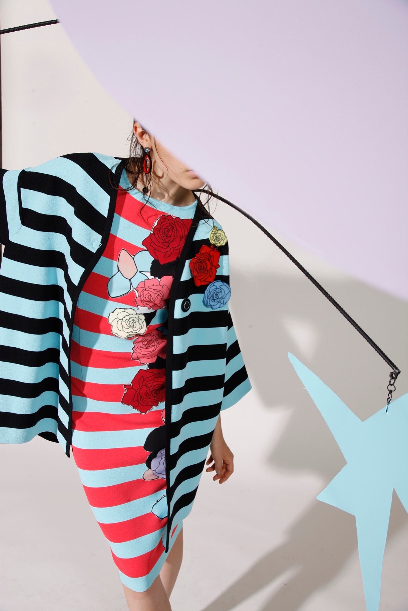 striped floral mini dress with oversized cape