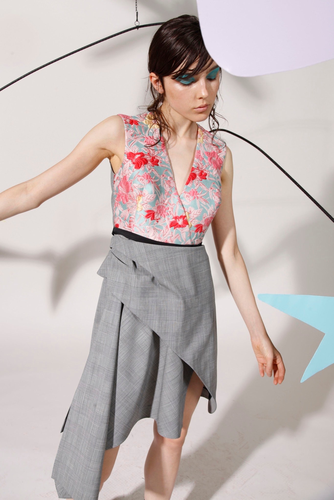 floral silk top with asymmetric skirt