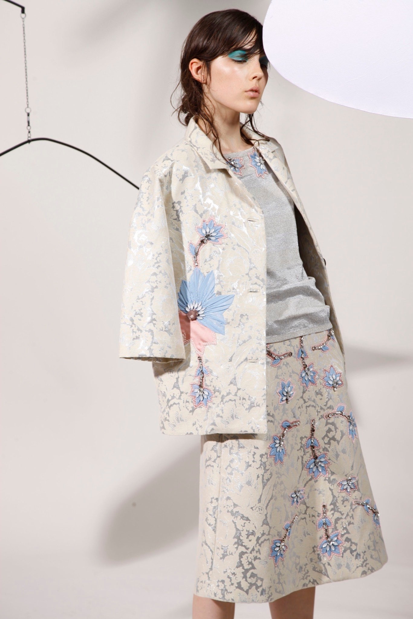 beige embroidered silk jacket and skirt