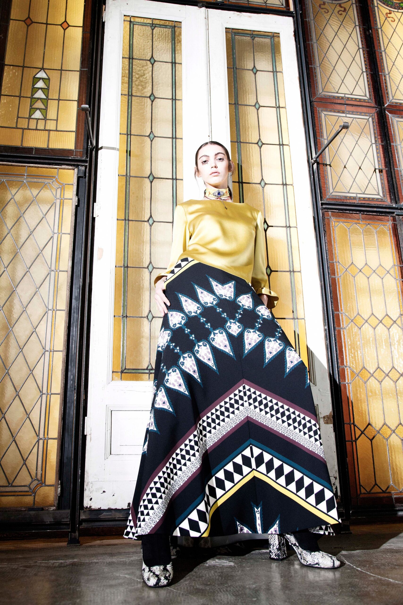 yellow fitted top with printed maxi skirt