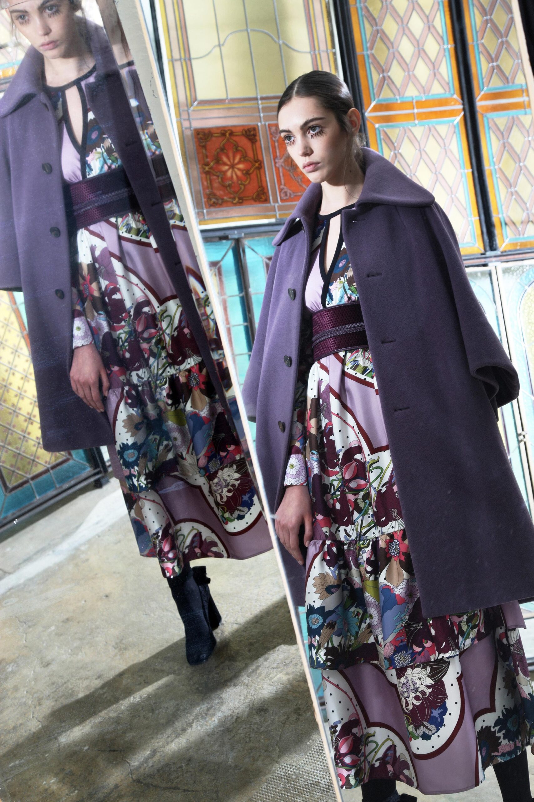 purple wool coat and multi dress