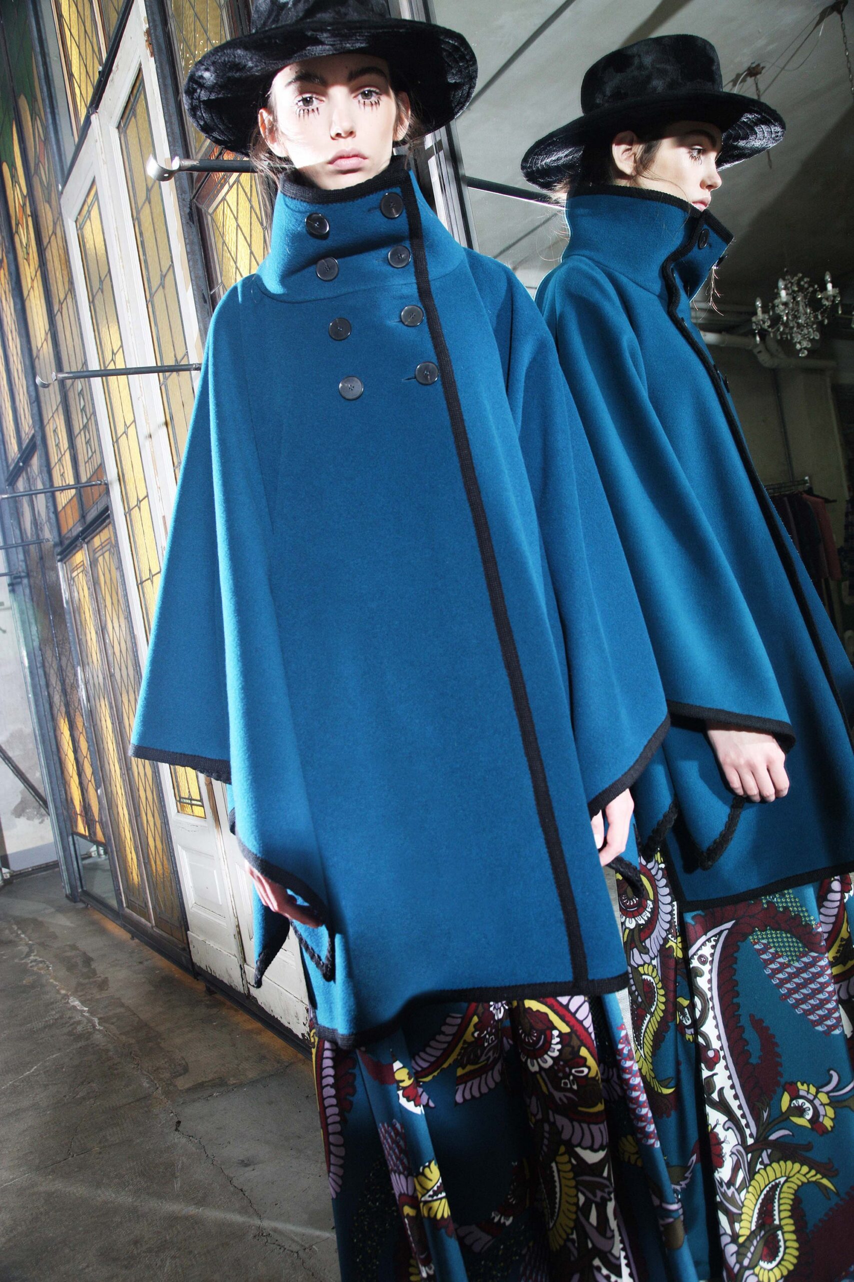 blue wool long-sleeve collared relaxed buttoned cape