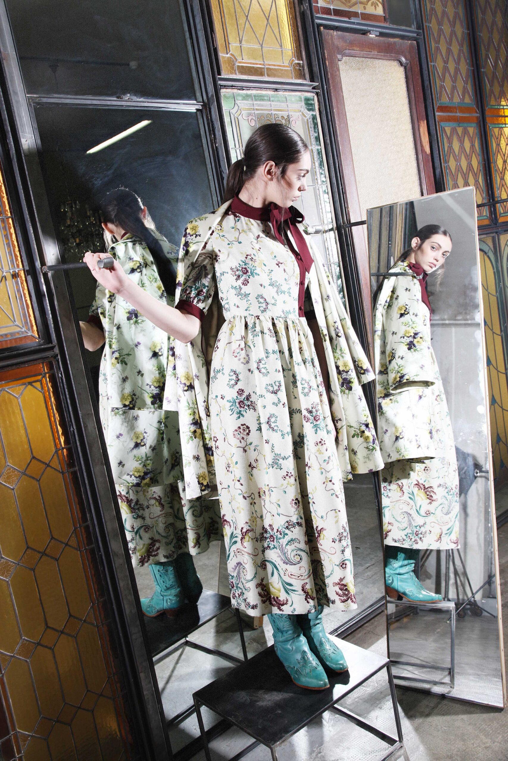 white cotton long-sleeve collared relaxed flared printed dress