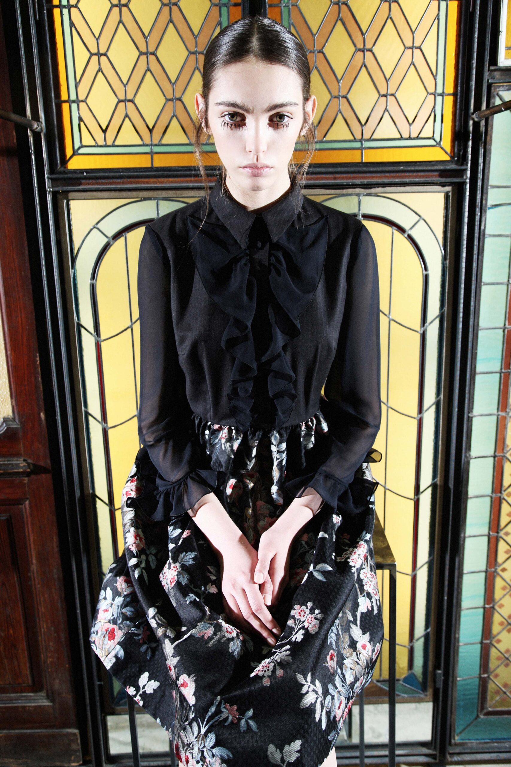 black silk long-sleeve collared fitted ruffled blouse