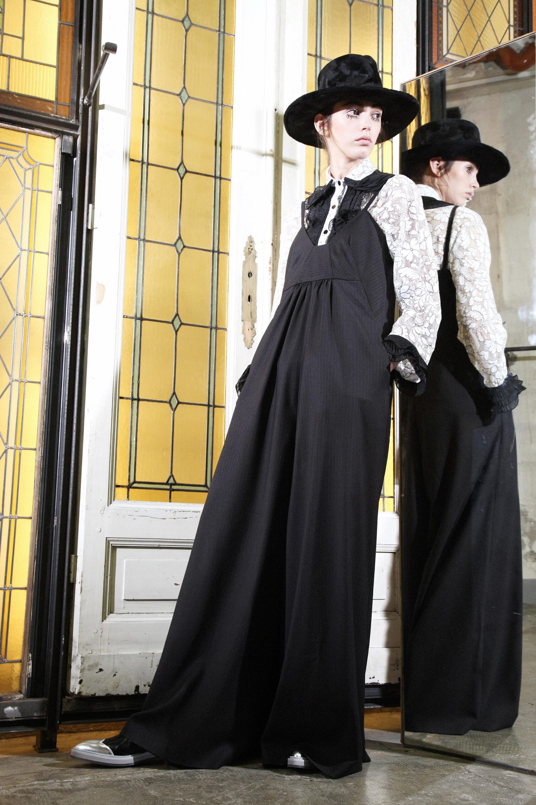 white lace long-sleeve collared fitted ruffled blouse