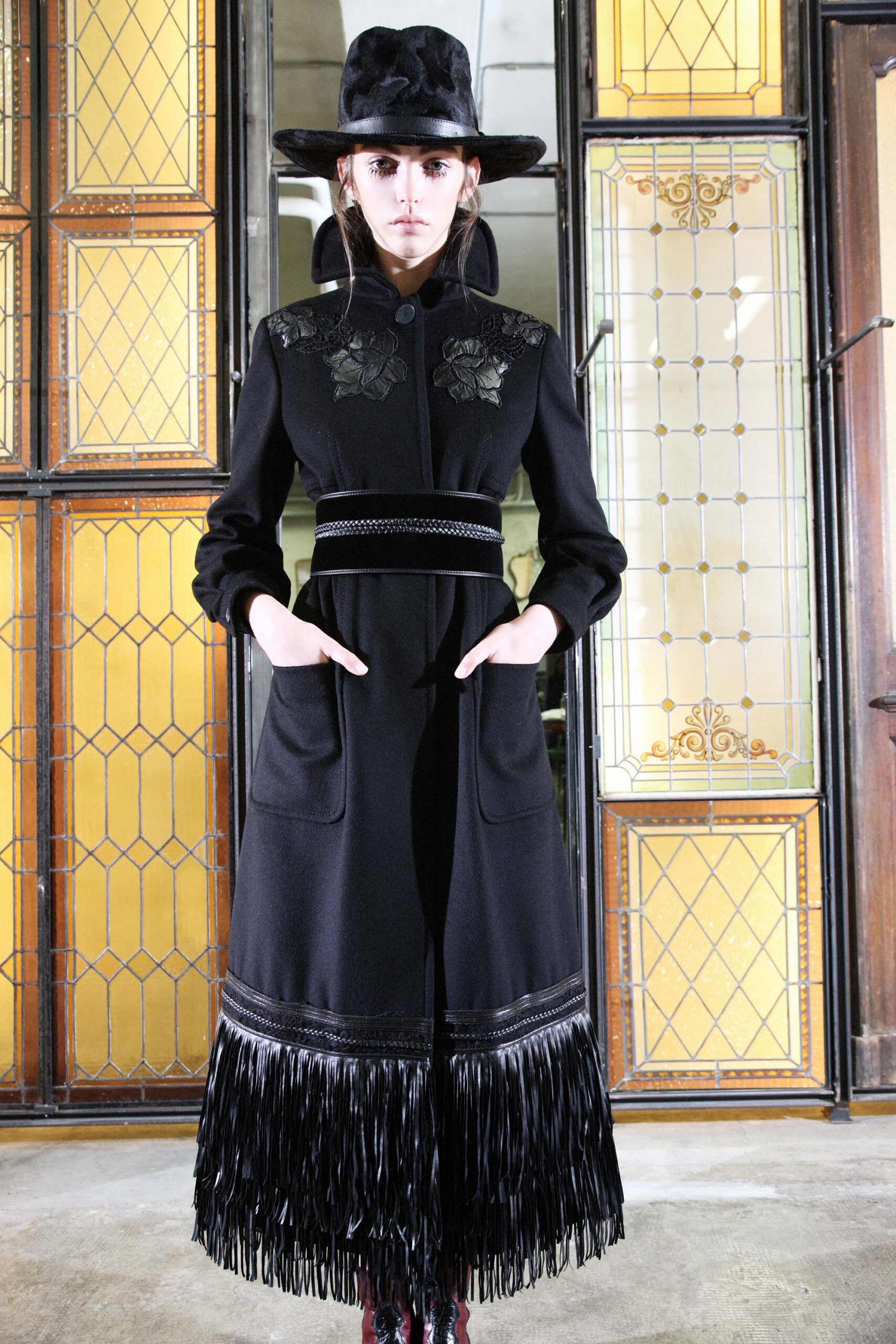 black wool fringed coat with hat