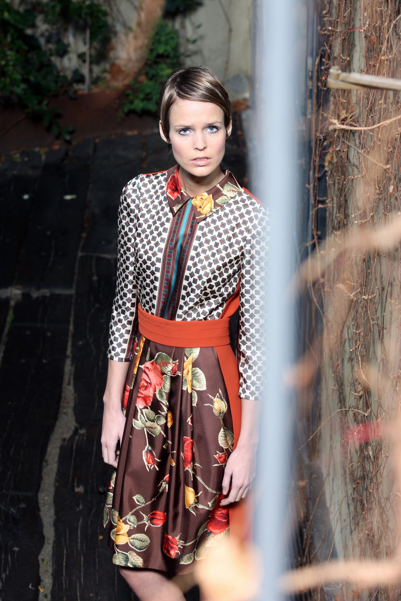 brown floral printed midi dress
