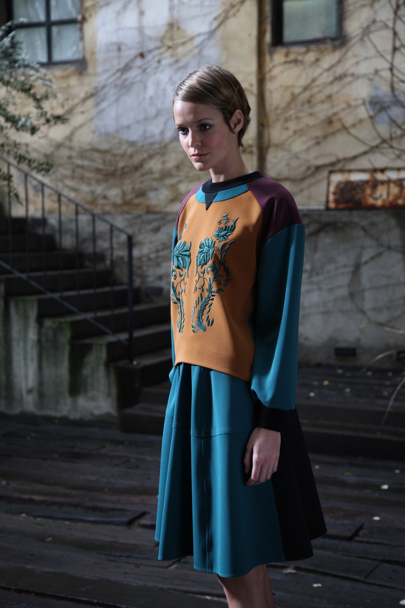 orange cotton long-sleeve collared fitted embroidered top
