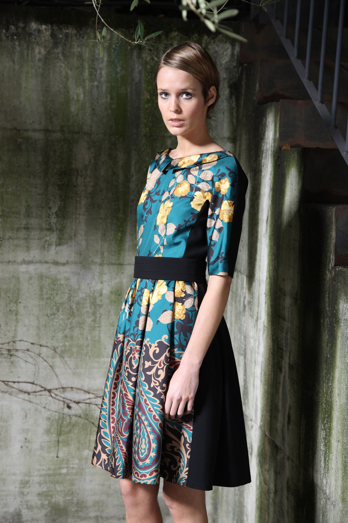 green and black printed mini dress