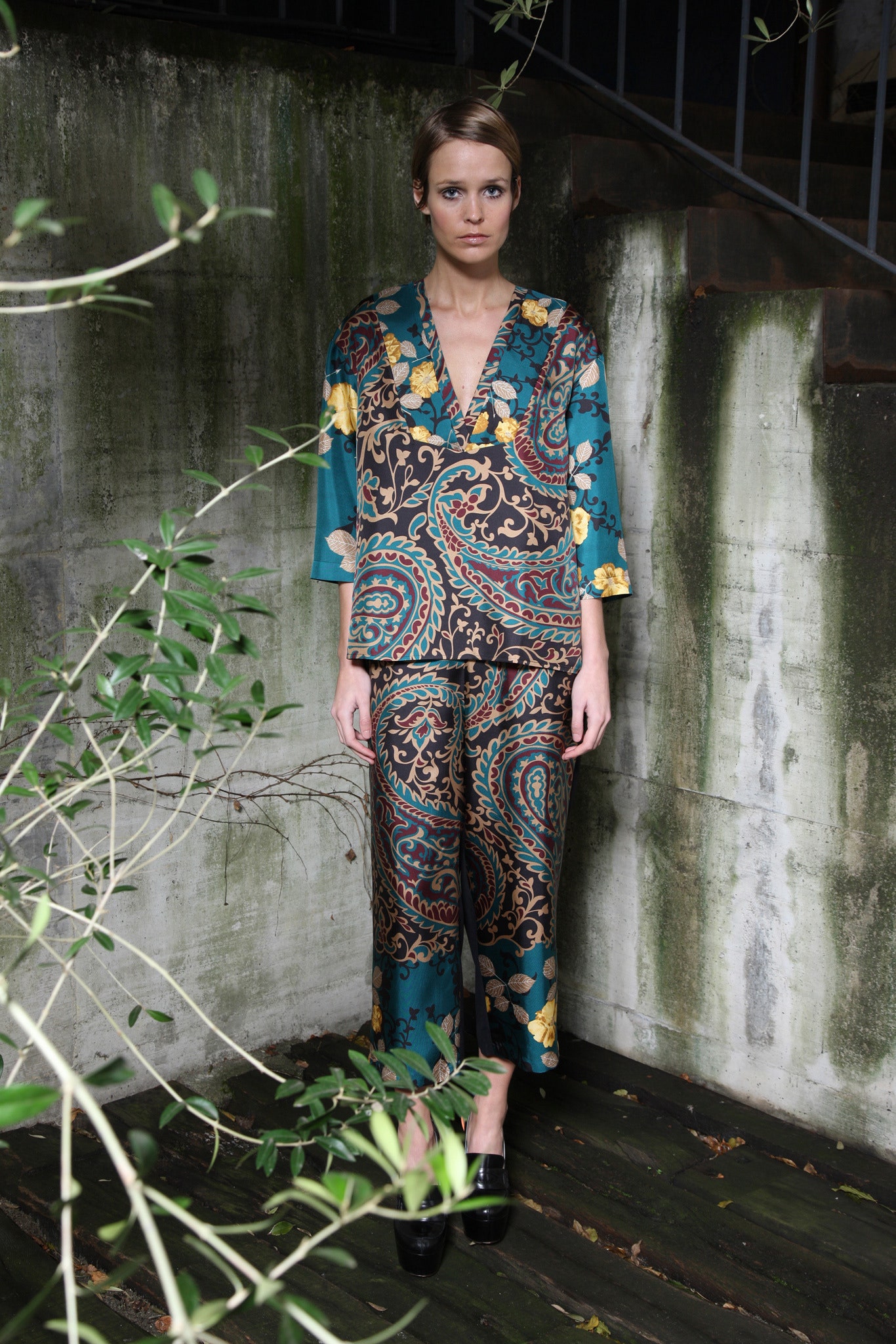 printed silk top and pants