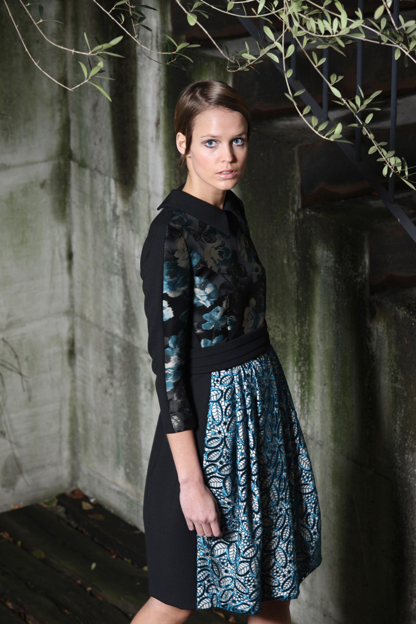 black and blue pleated dress