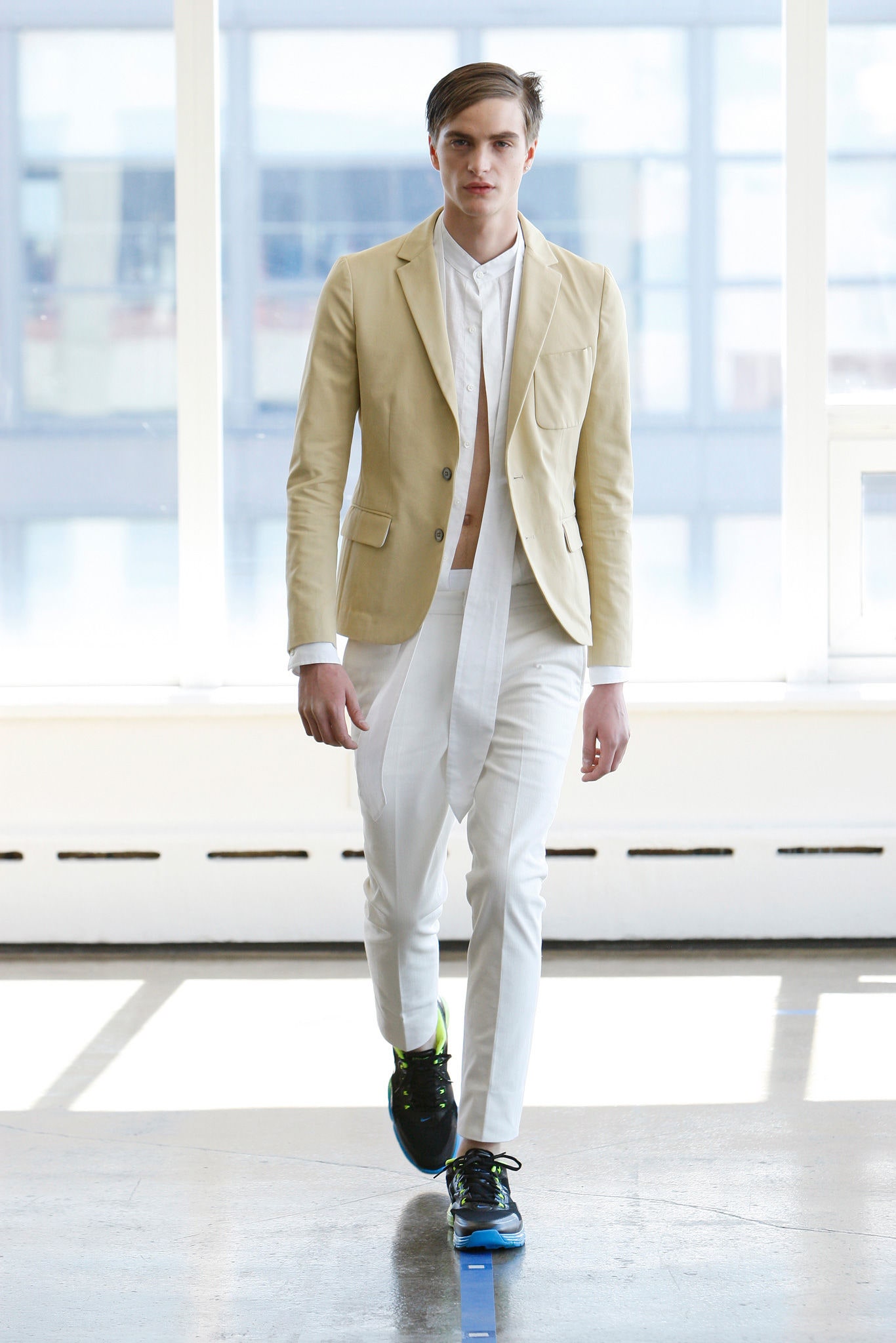 beige tailored blazer with white shirt