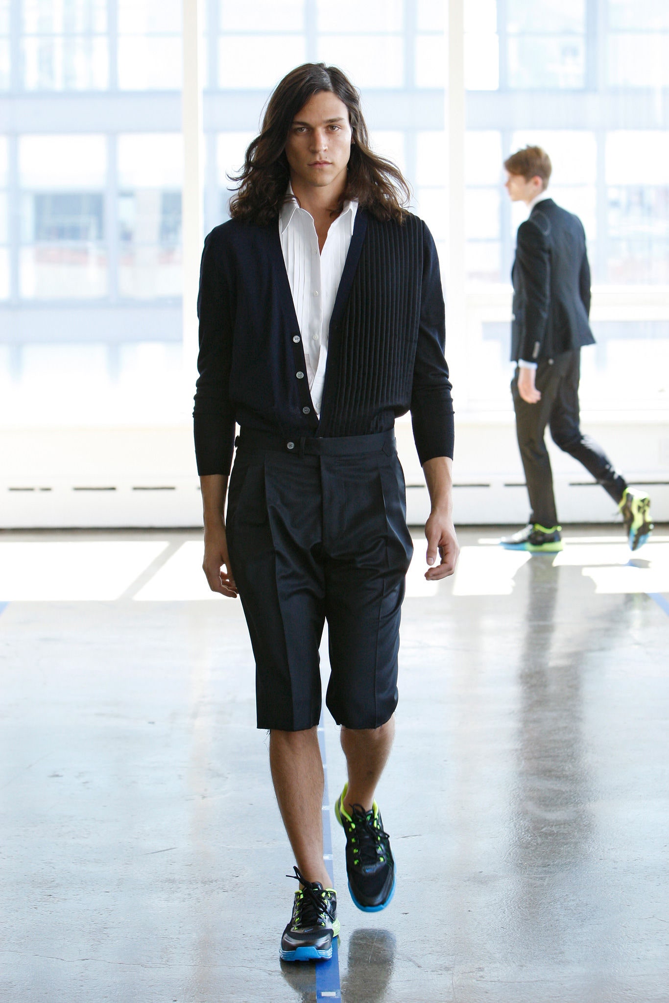 black cardigan white shirt shorts