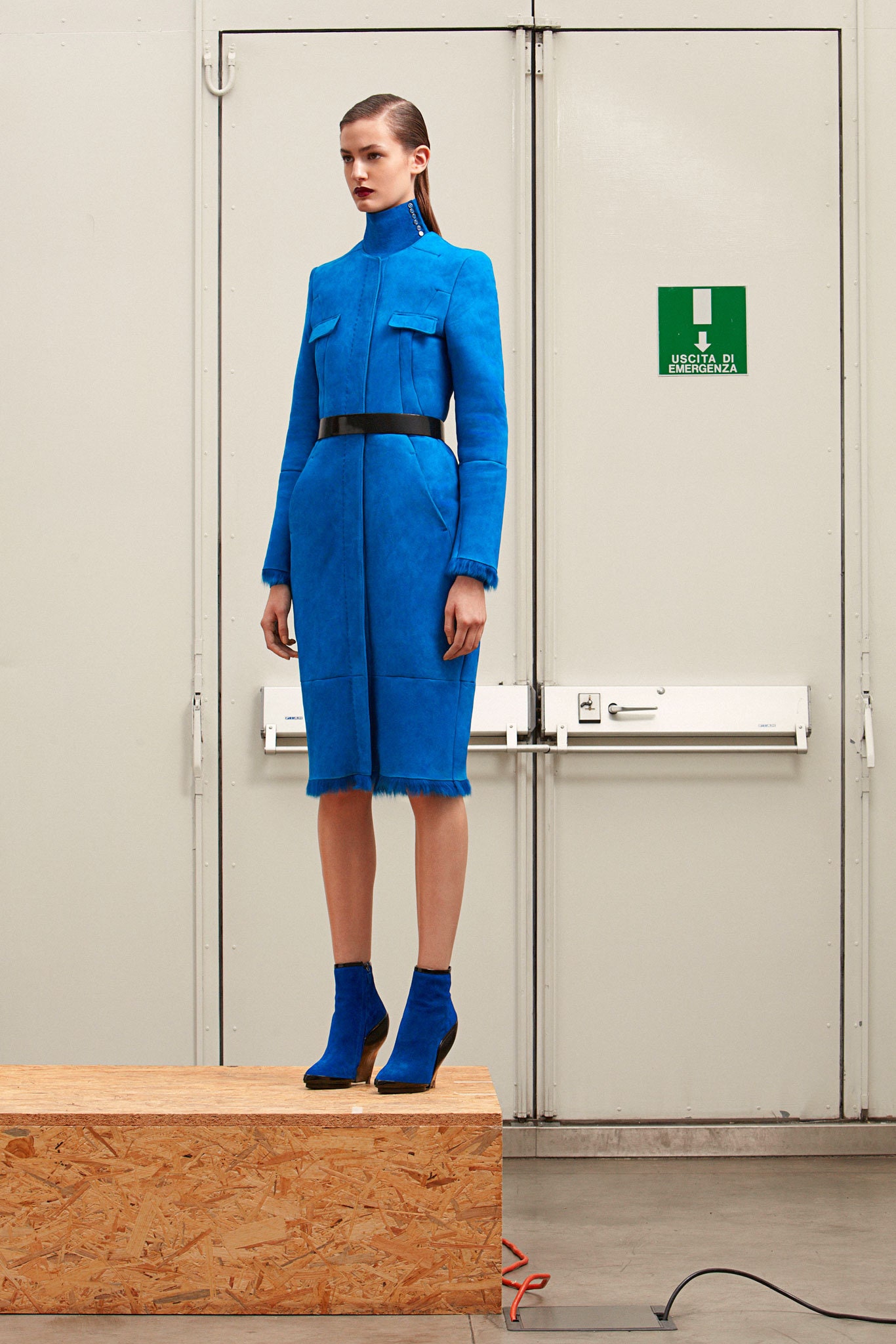 blue suede long-sleeve collared fitted pencil midi dress