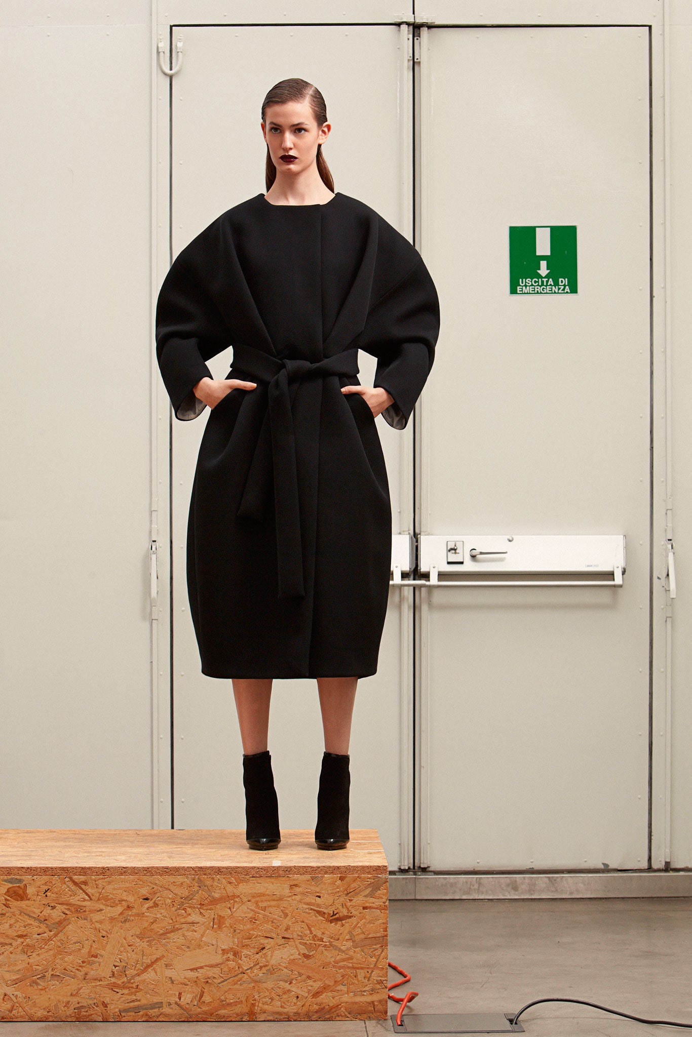 black wool belted midi dress