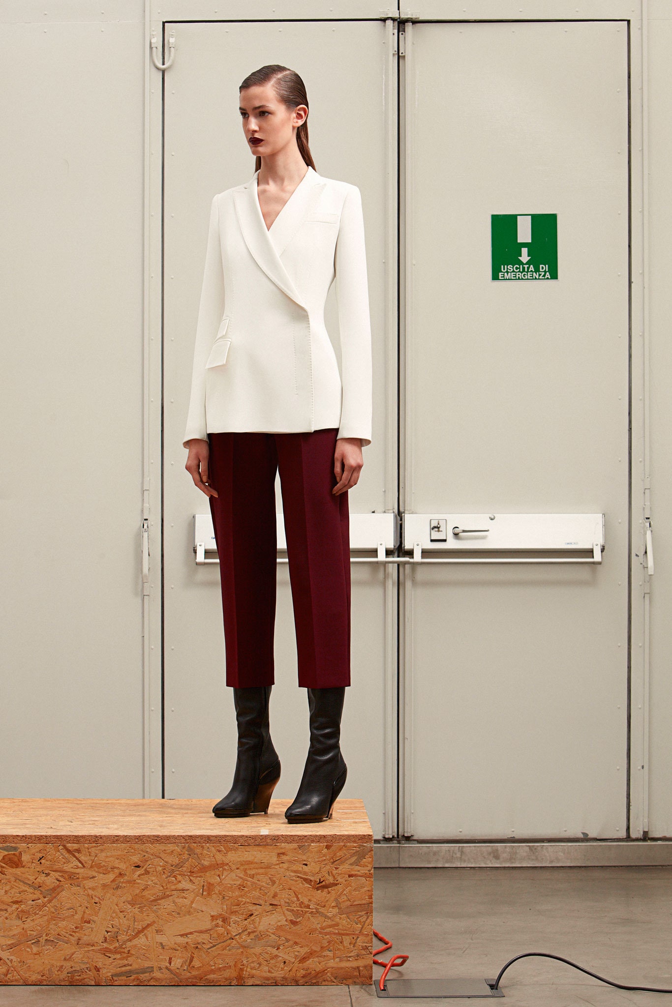 white tailored blazer with maroon pants