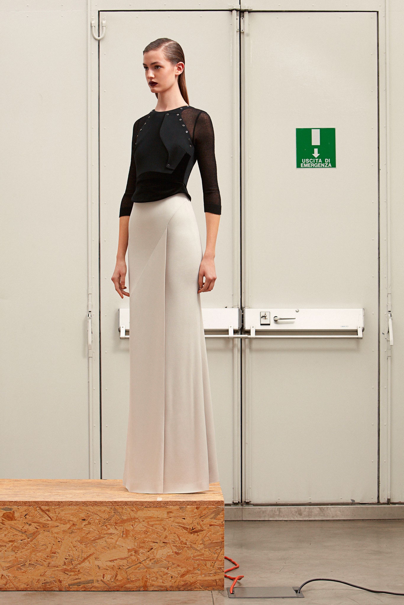 black fitted top with white maxi skirt