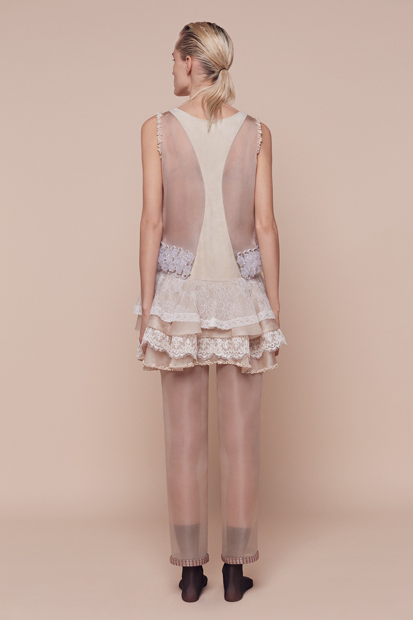 beige silk sleeveless v-neck fitted tiered ruffled dress