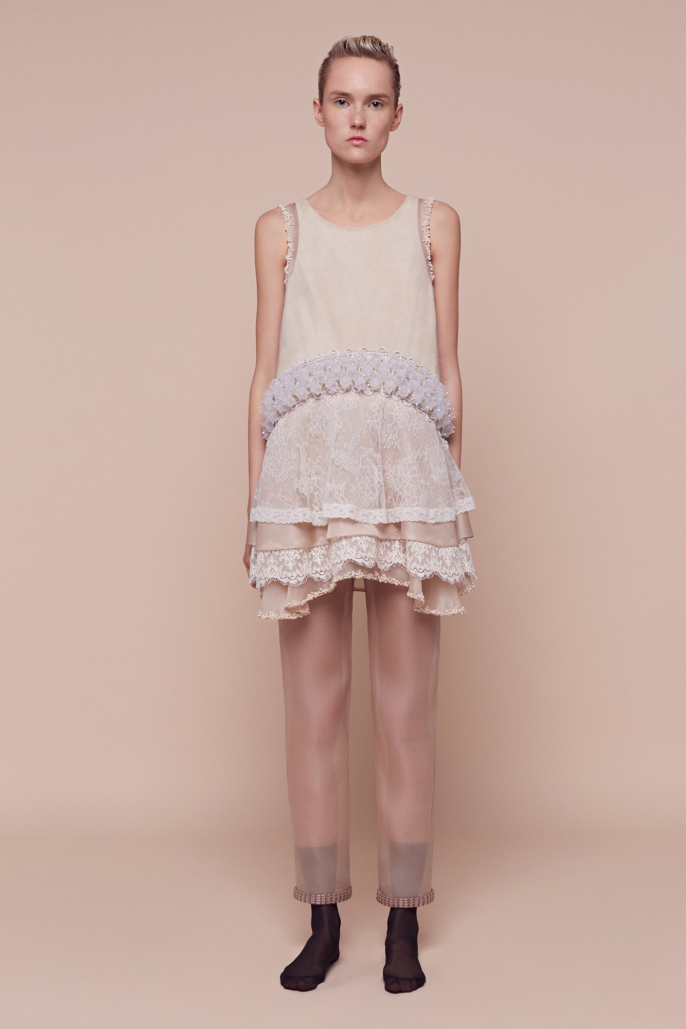 beige silk sleeveless collared relaxed layered ruffled dress