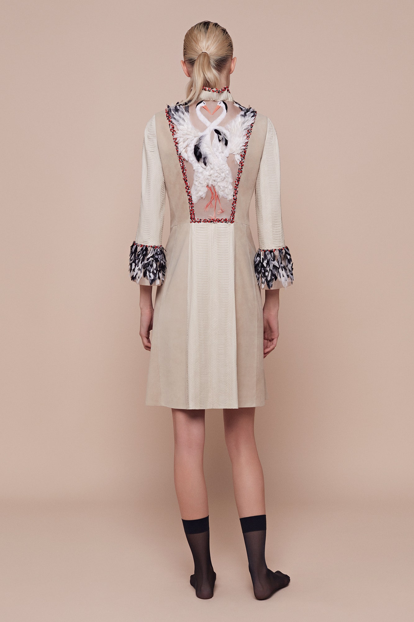 beige fitted long-sleeve dress