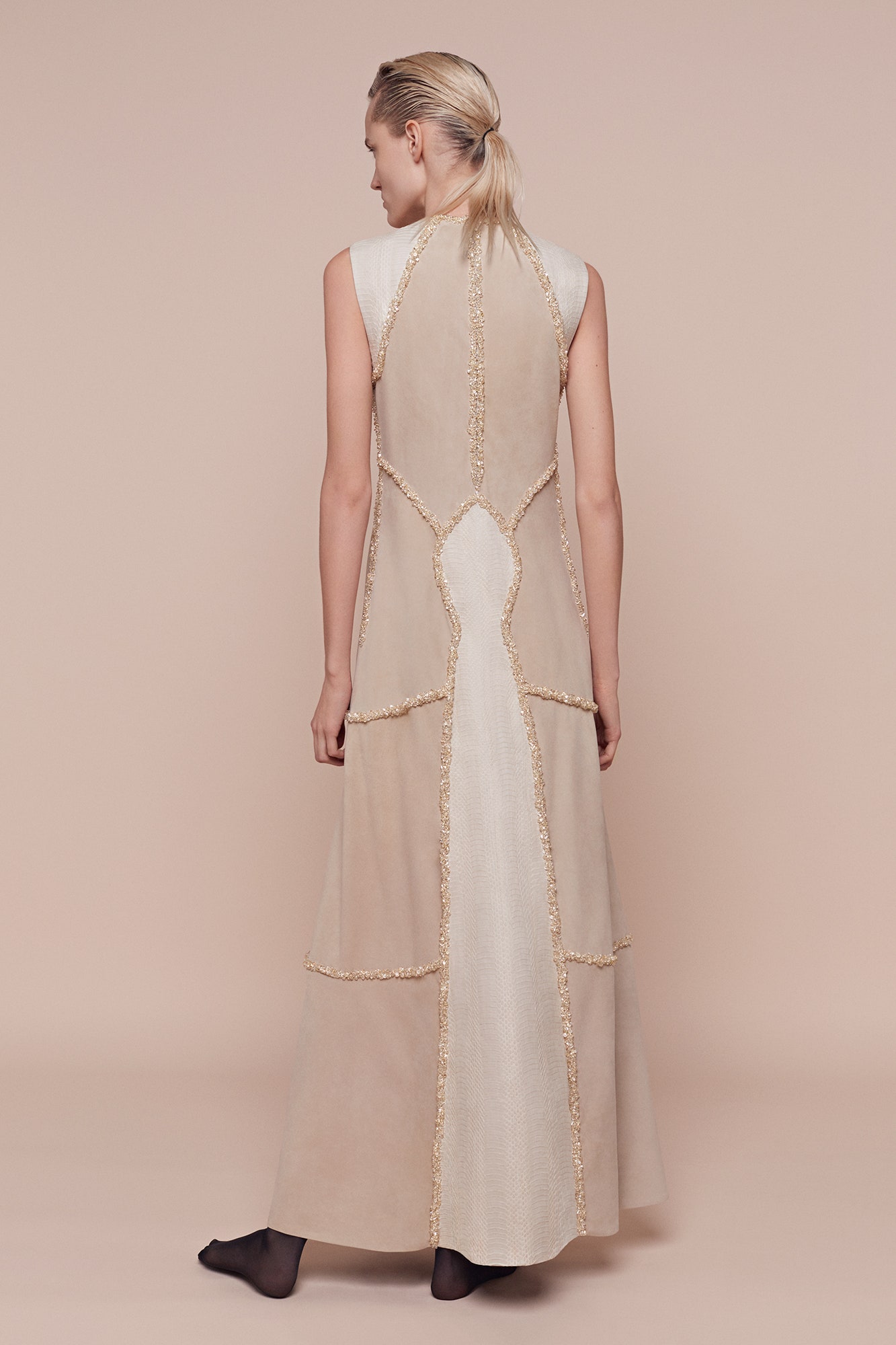 beige silk sleeveless dress