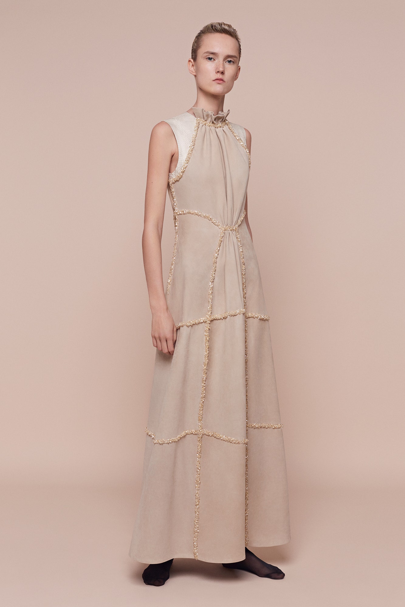 beige silk sleeveless maxi dress