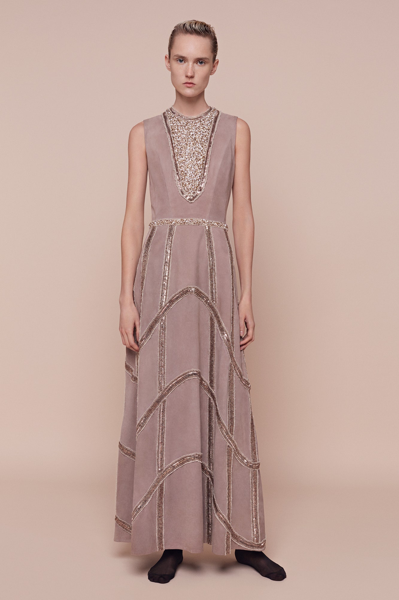 beige silk sleeveless gown
